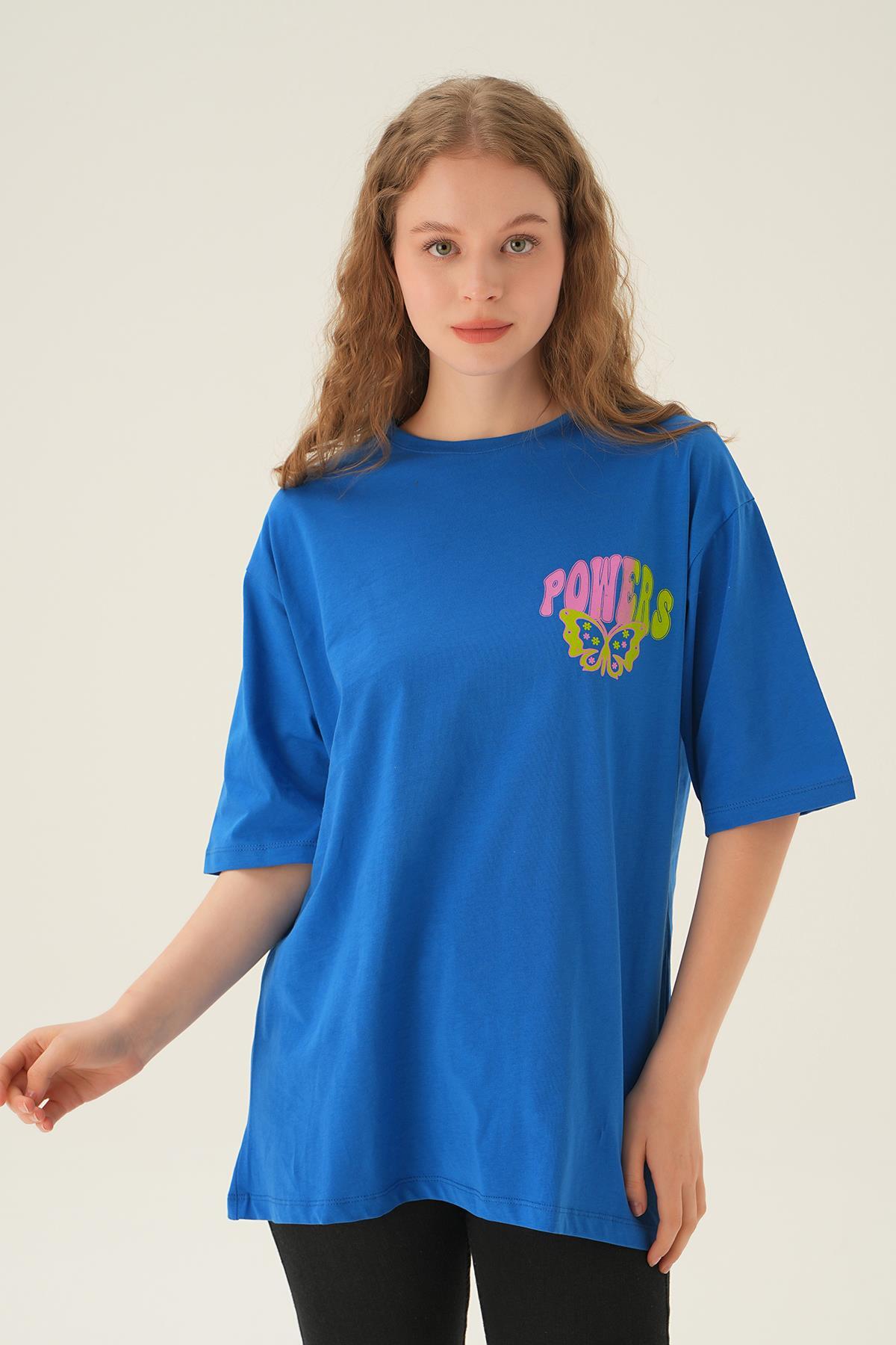 Mavi Powers Kelebek Baskı Oversize Tişört 1700 