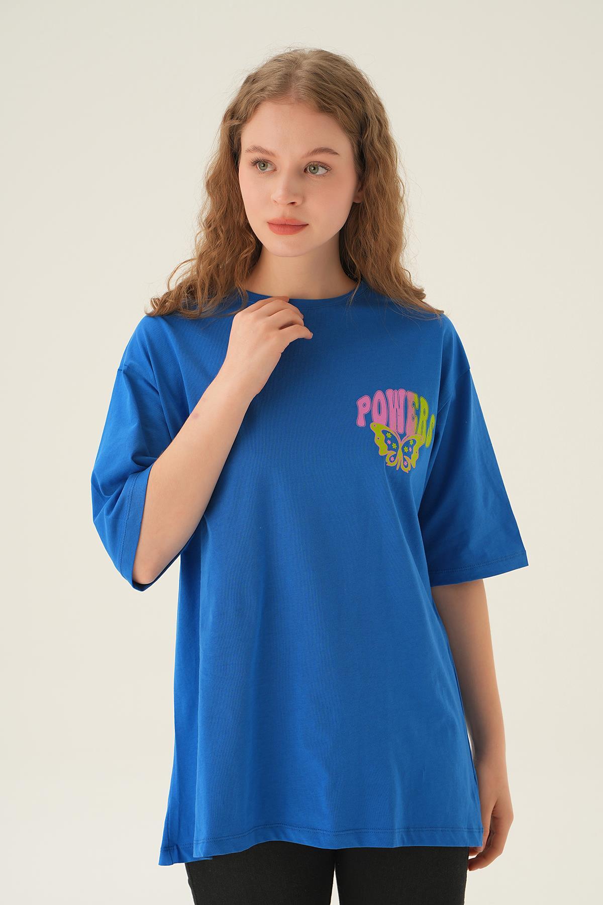 Mavi Powers Kelebek Baskı Oversize Tişört 1700 - 2