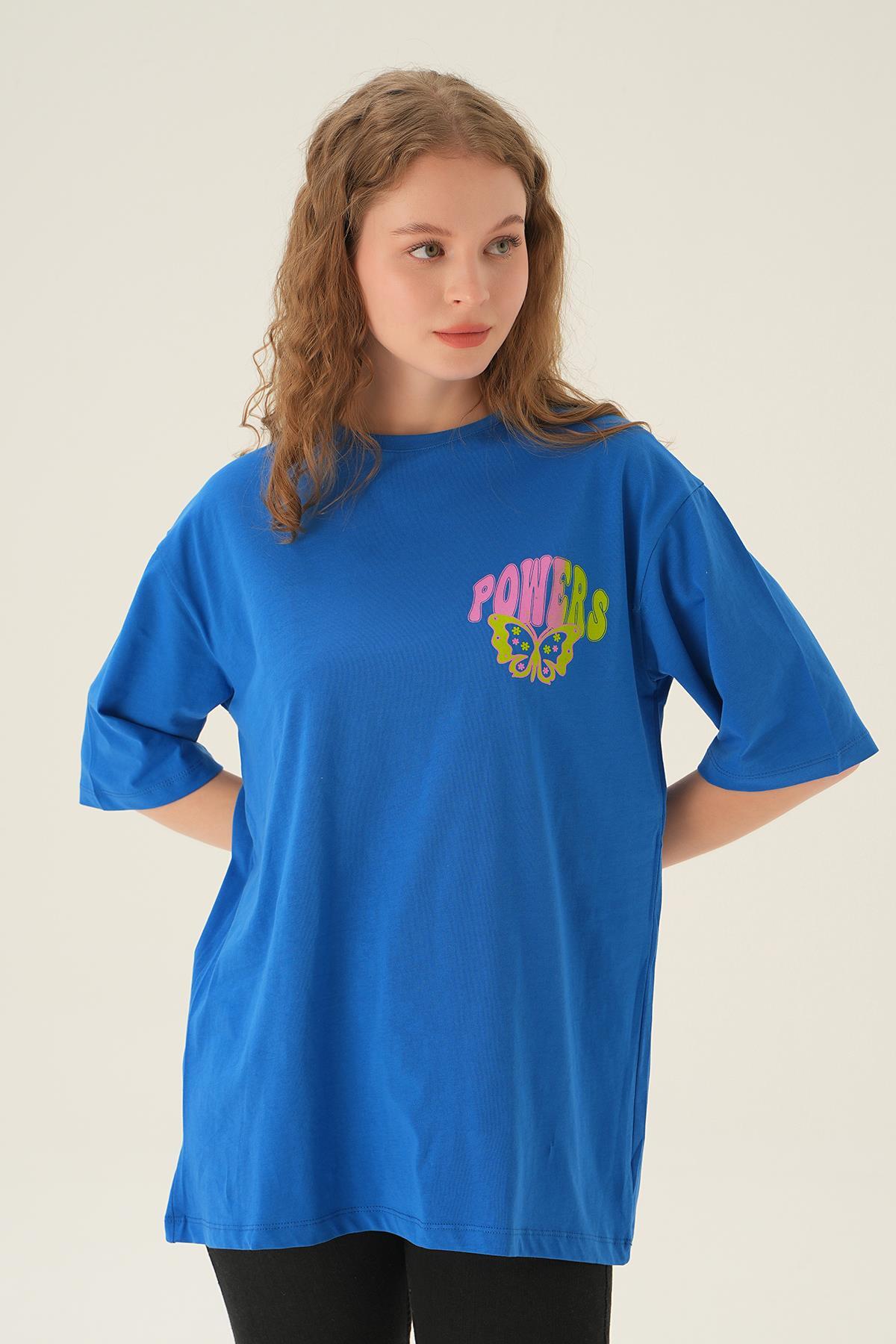 Mavi Powers Kelebek Baskı Oversize Tişört 1700 - 3
