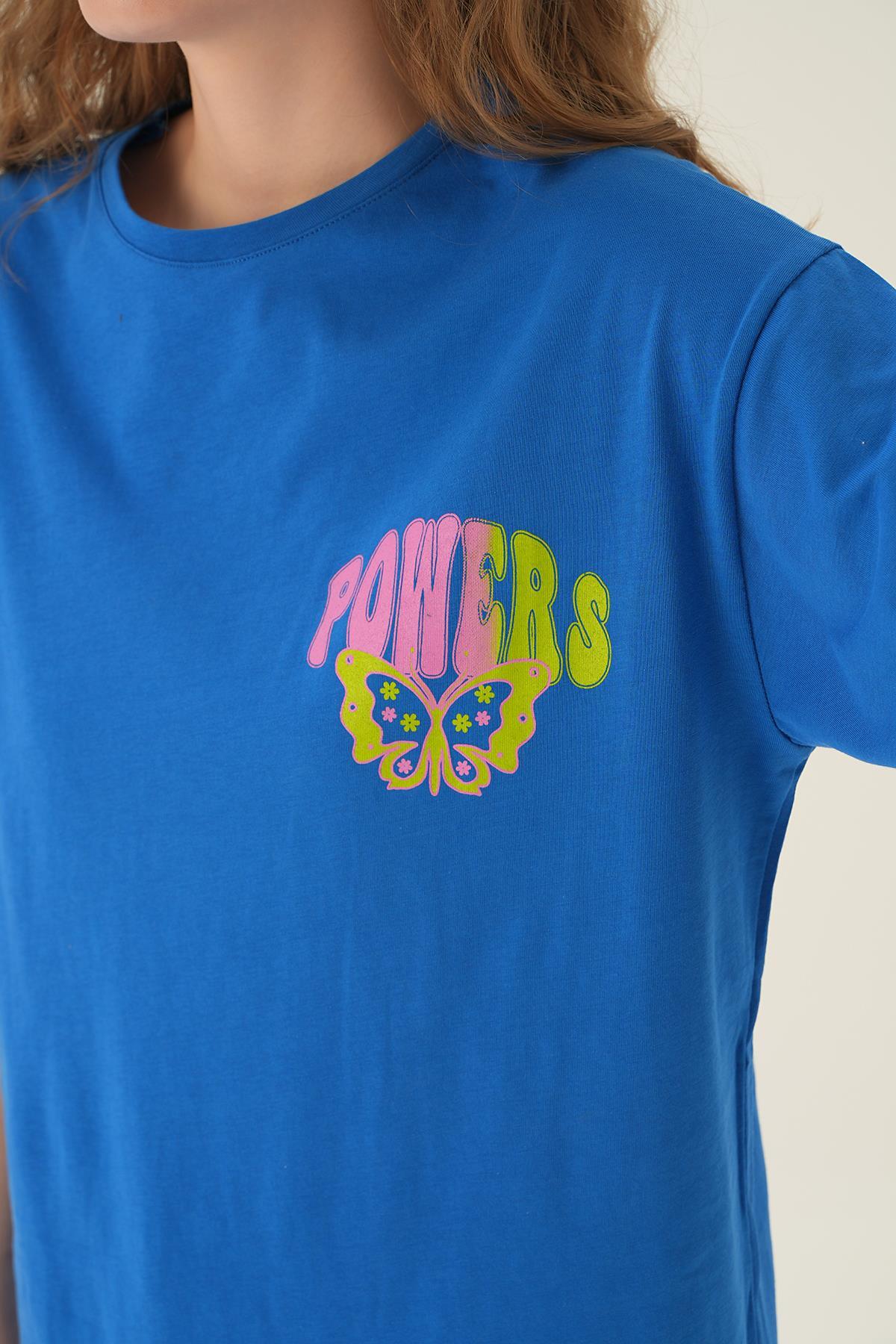 Mavi Powers Kelebek Baskı Oversize Tişört 1700 - 5