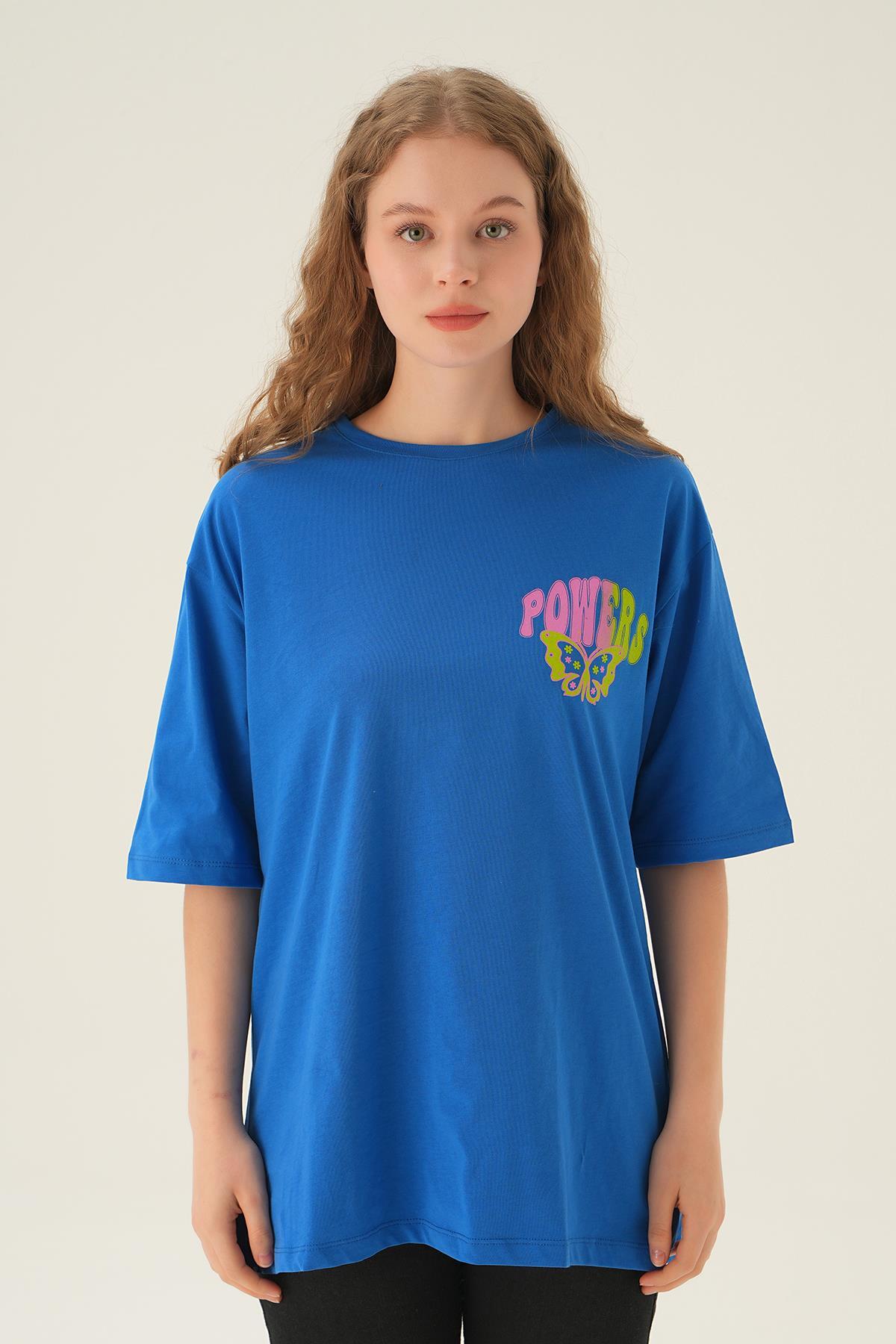 Mavi Powers Kelebek Baskı Oversize Tişört 1700 - 6