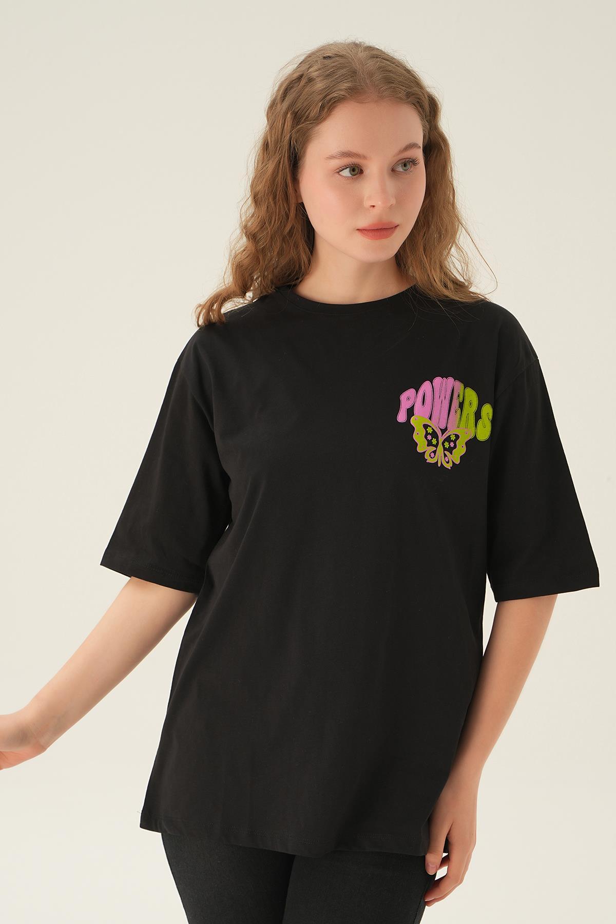 1700 Powers Kelebek Baskı Oversize Tişört Siyah - 4