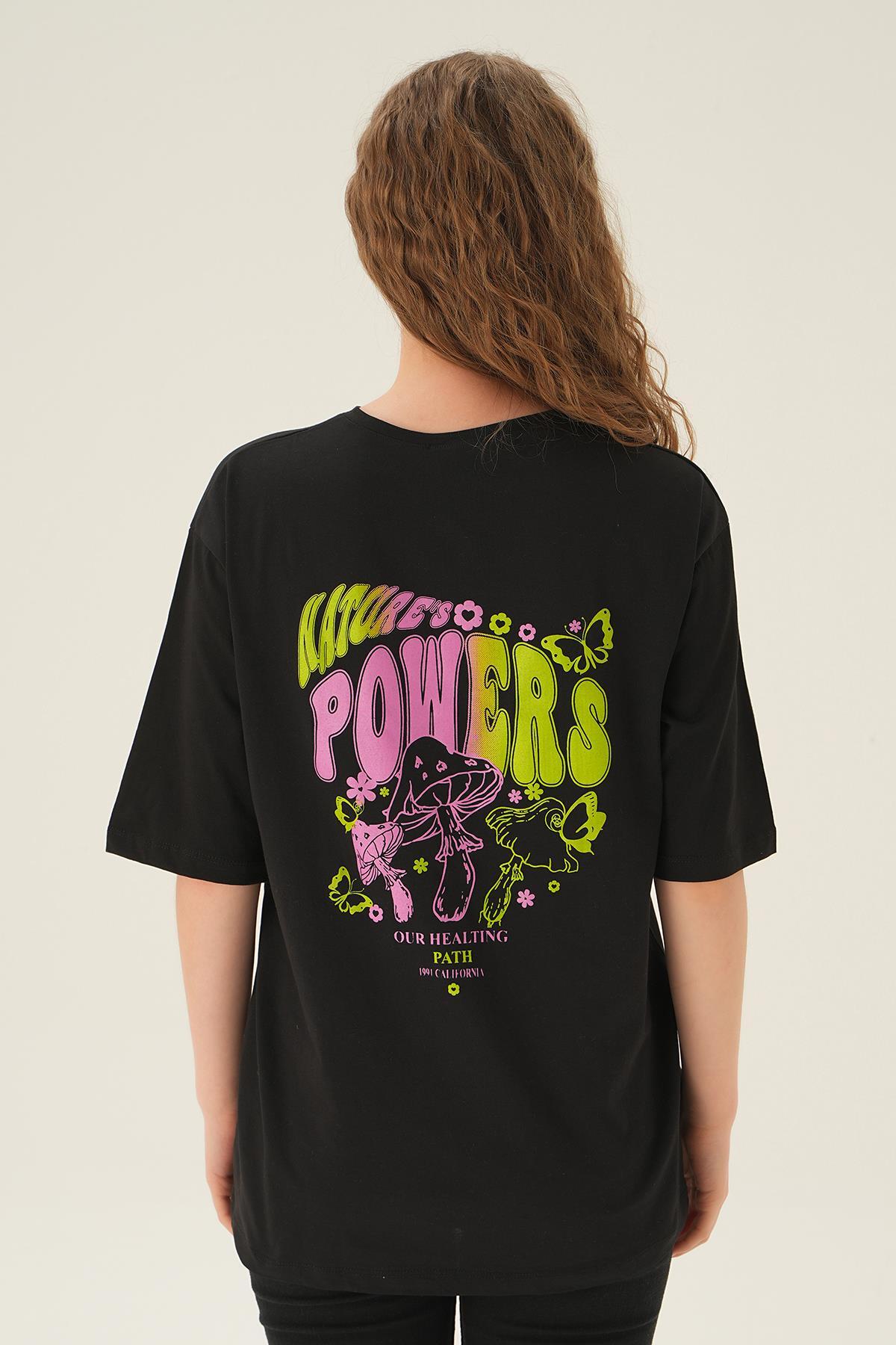 1700 Powers Kelebek Baskı Oversize Tişört Siyah - 5