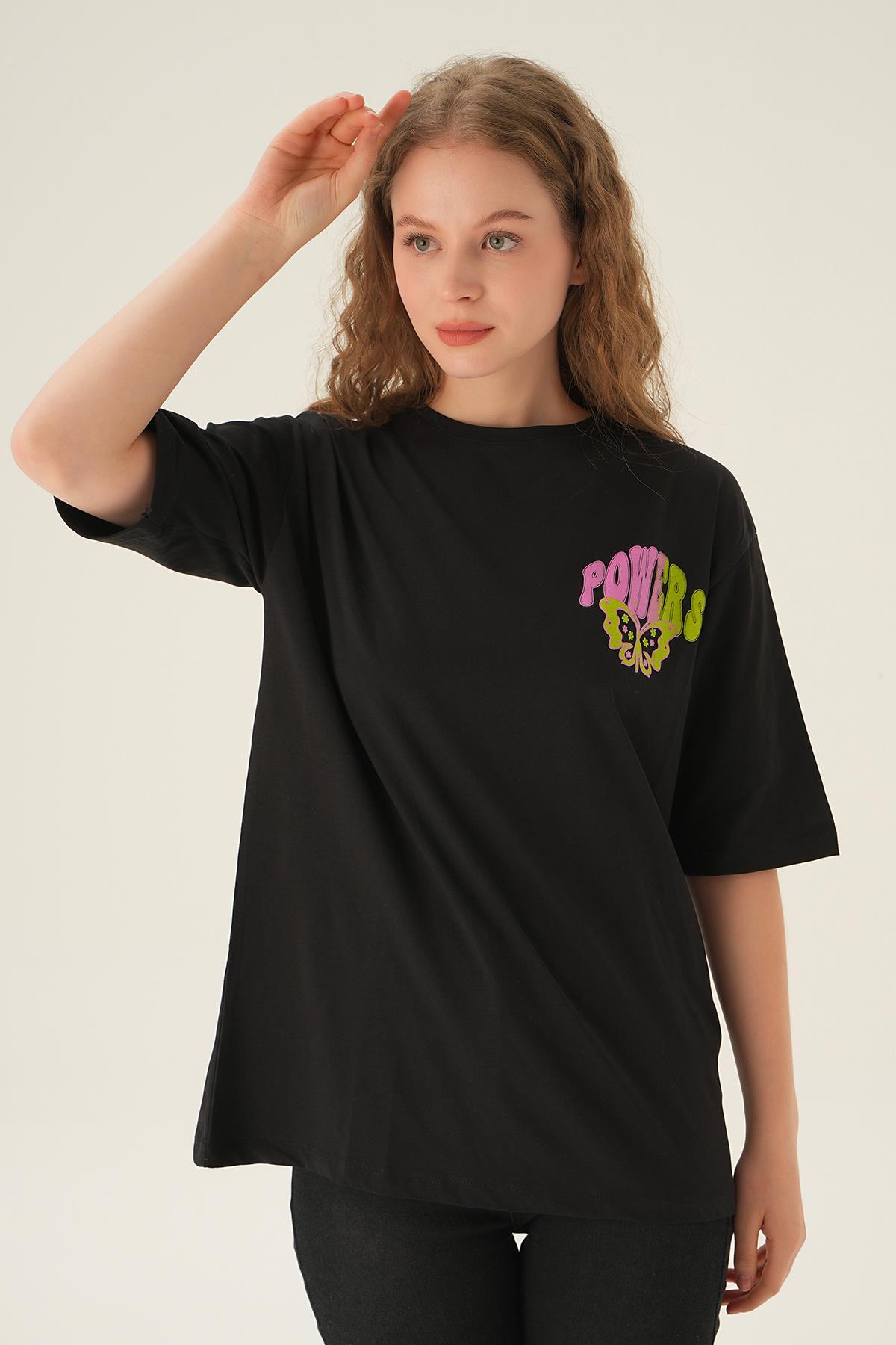 1700 Powers Kelebek Baskı Oversize Tişört Siyah - 3