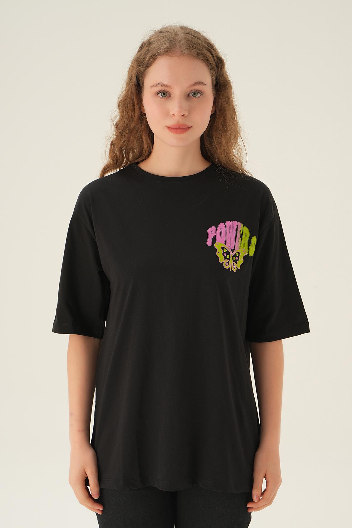 Siyah Powers Kelebek Baskı Oversize Tişört 1700 