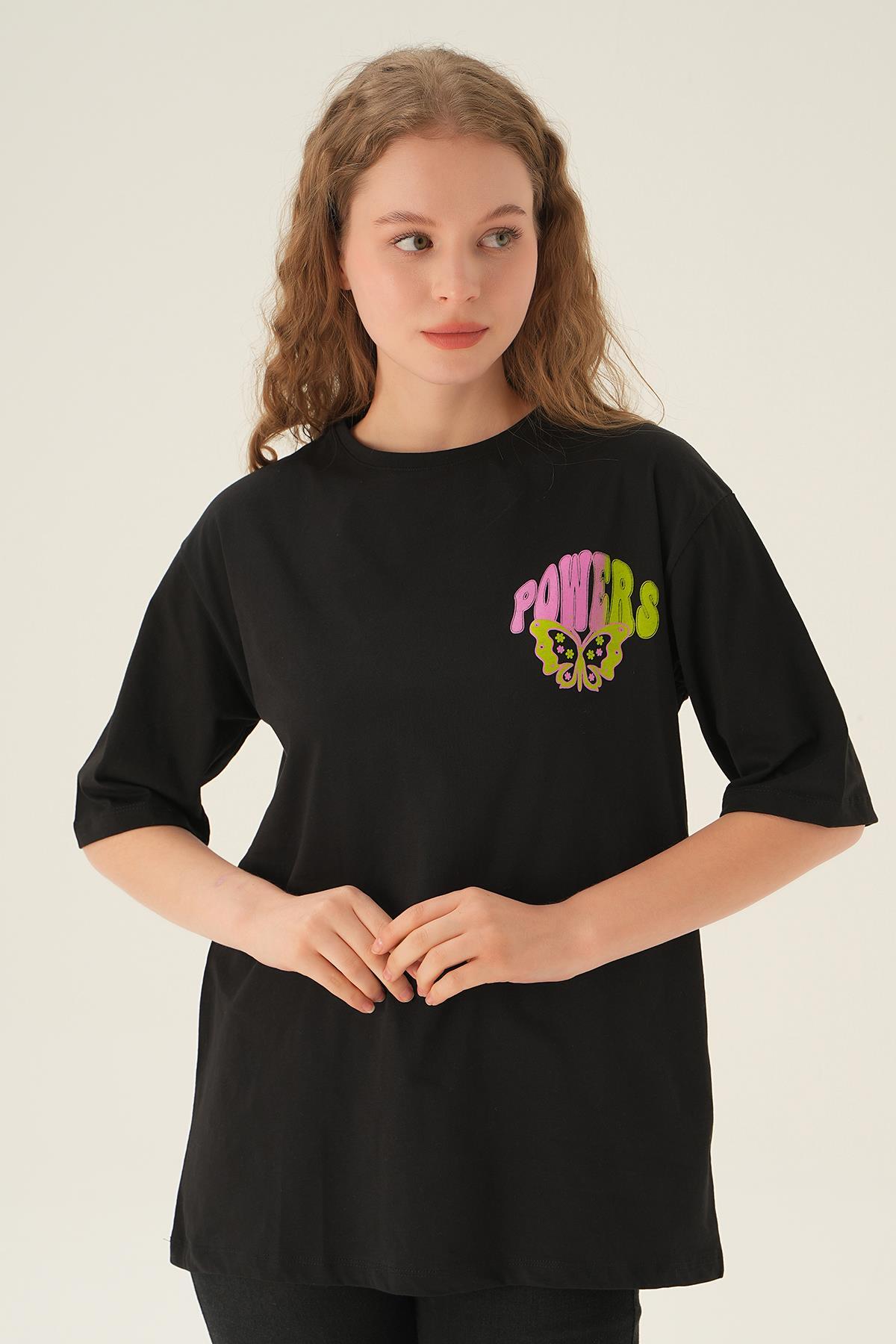 Siyah Powers Kelebek Baskı Oversize Tişört 1700 - 2