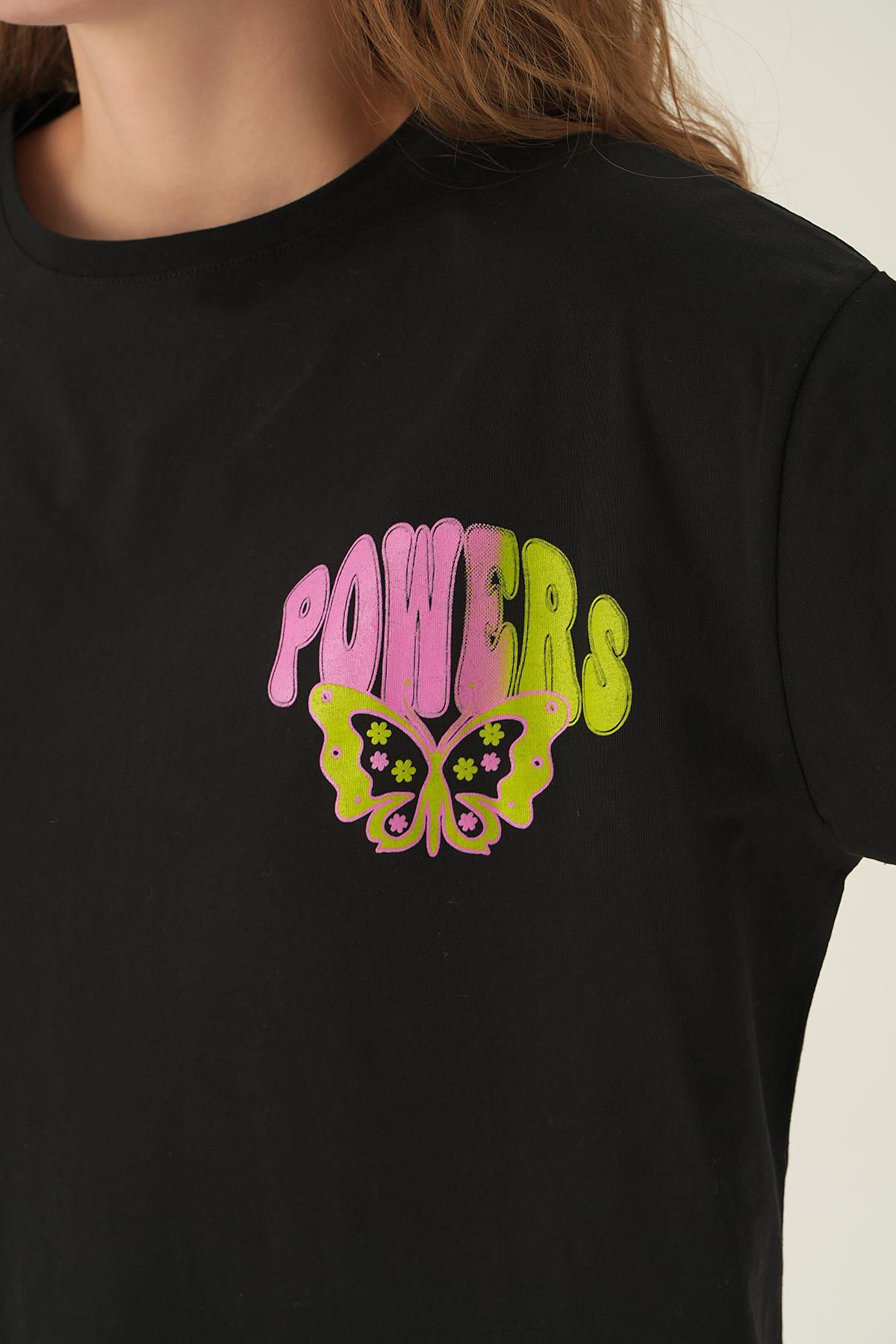Siyah Powers Kelebek Baskı Oversize Tişört 1700 - 6