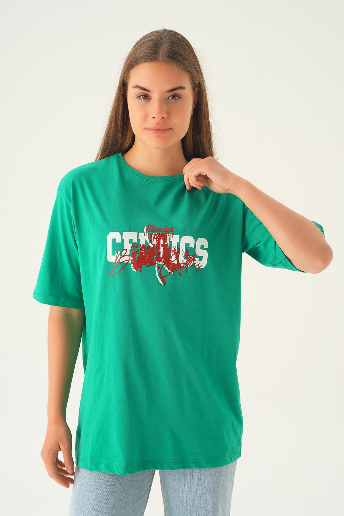 1701 Celtıcs Baskı Oversize Tshırt Benetton Yeşili 