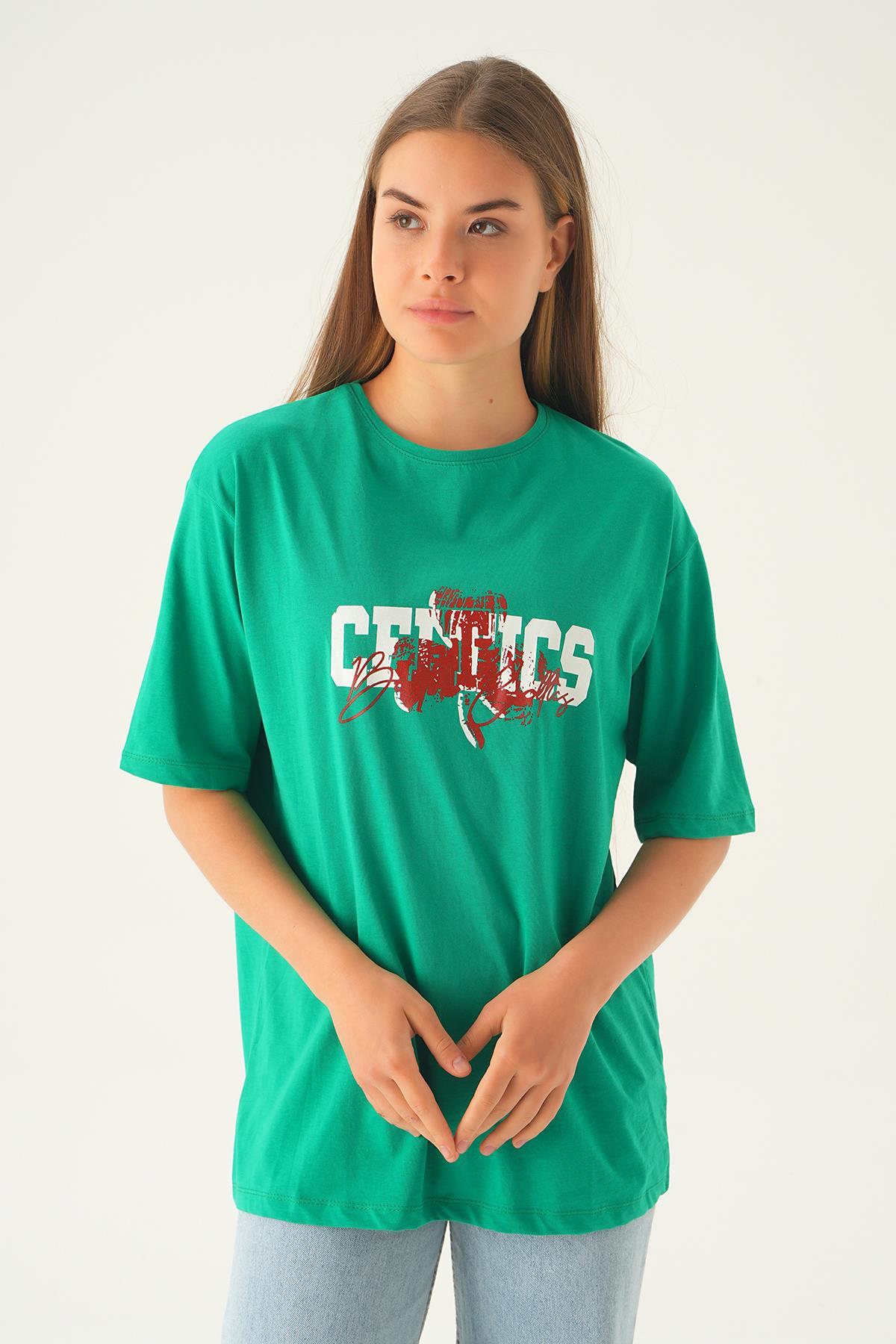 Benetton Yeşili Celtıcs Baskı Oversize Tişört 1701 - 3