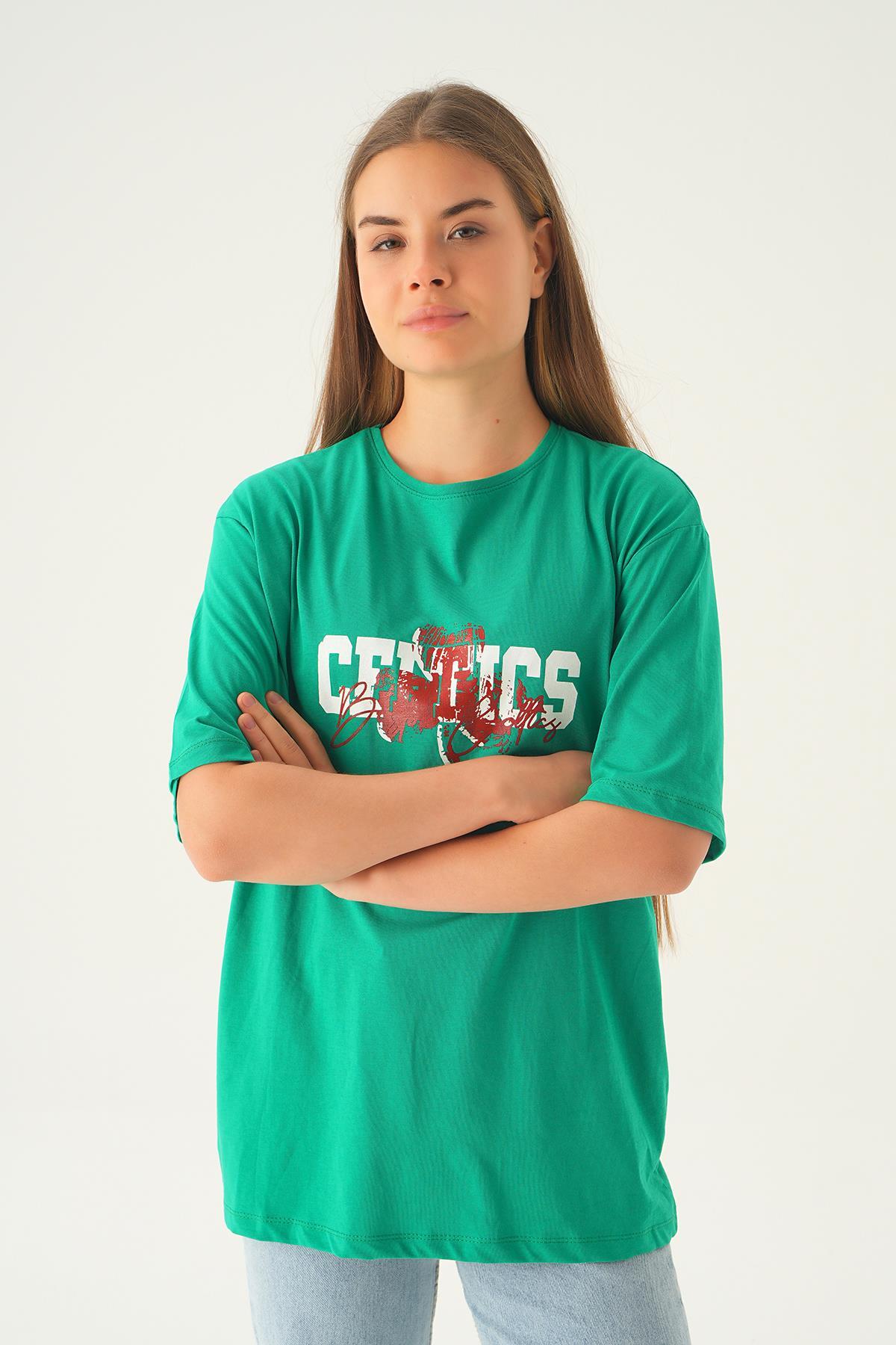 Benetton Yeşili Celtıcs Baskı Oversize Tişört 1701 - 4