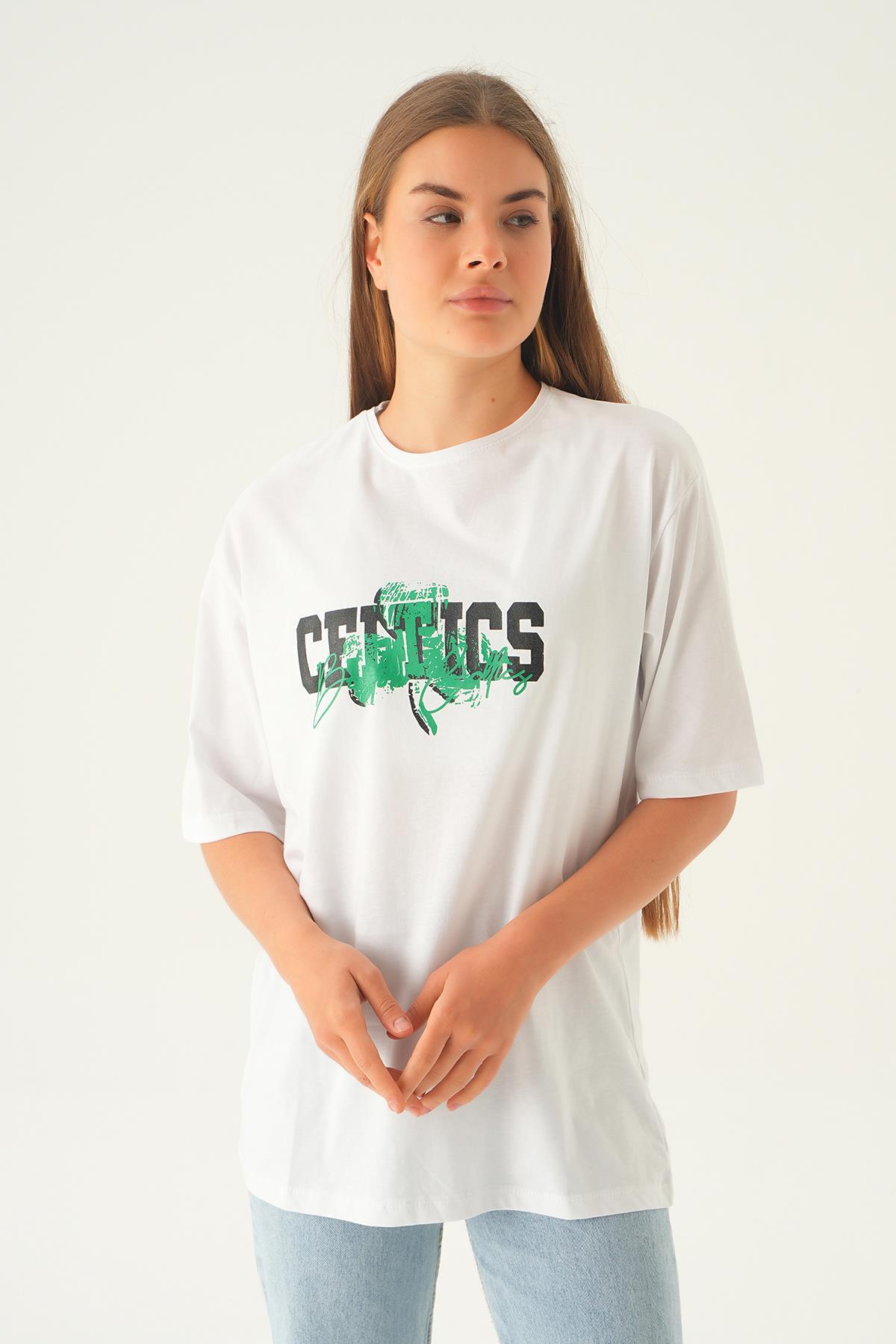 Beyaz Celtıcs Baskı Oversize Tişört 1701 - 2