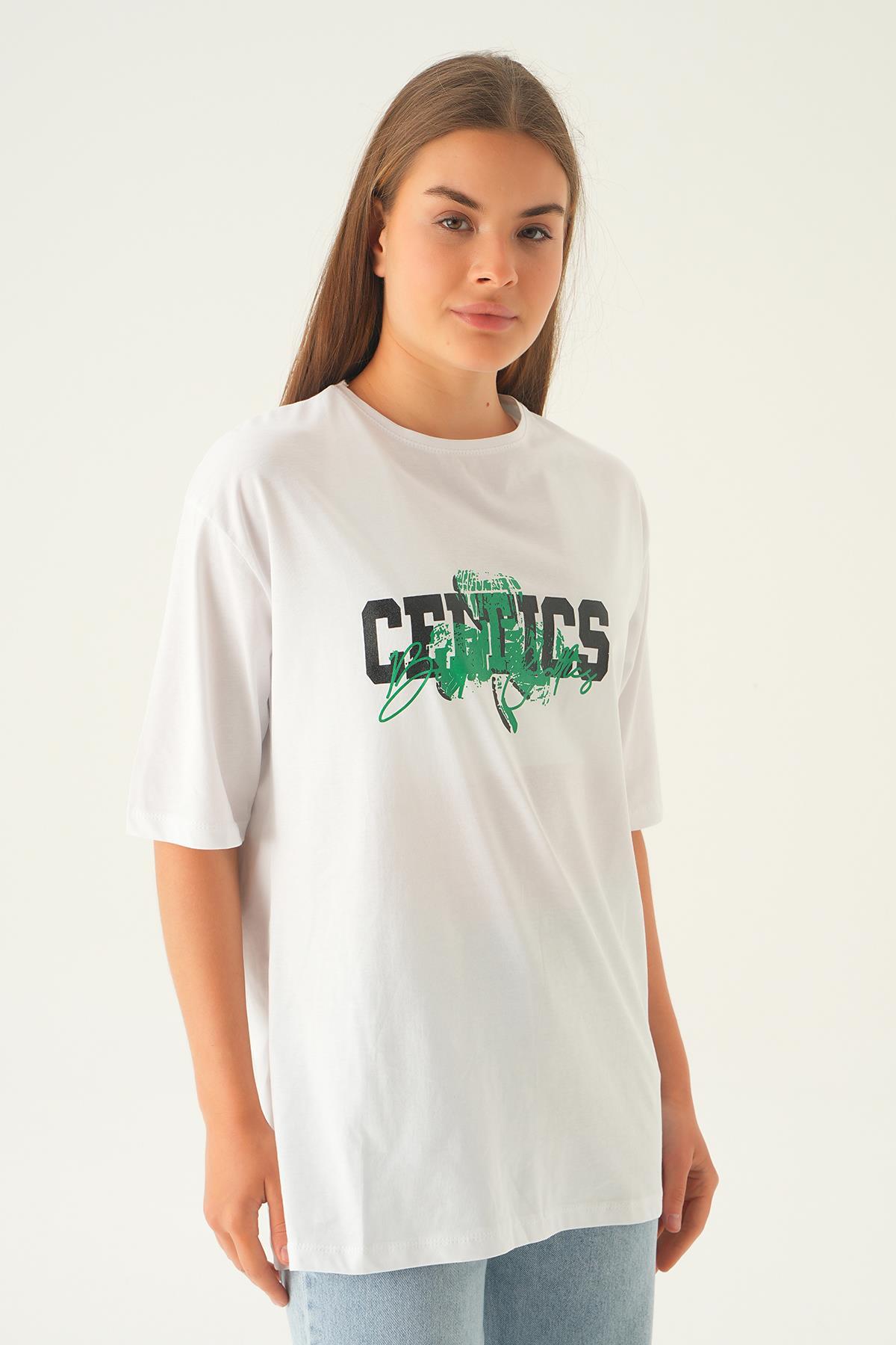 Beyaz Celtıcs Baskı Oversize Tişört 1701 - 3
