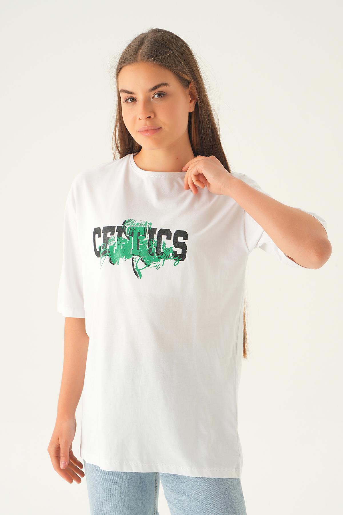Beyaz Celtıcs Baskı Oversize Tişört 1701 - 4