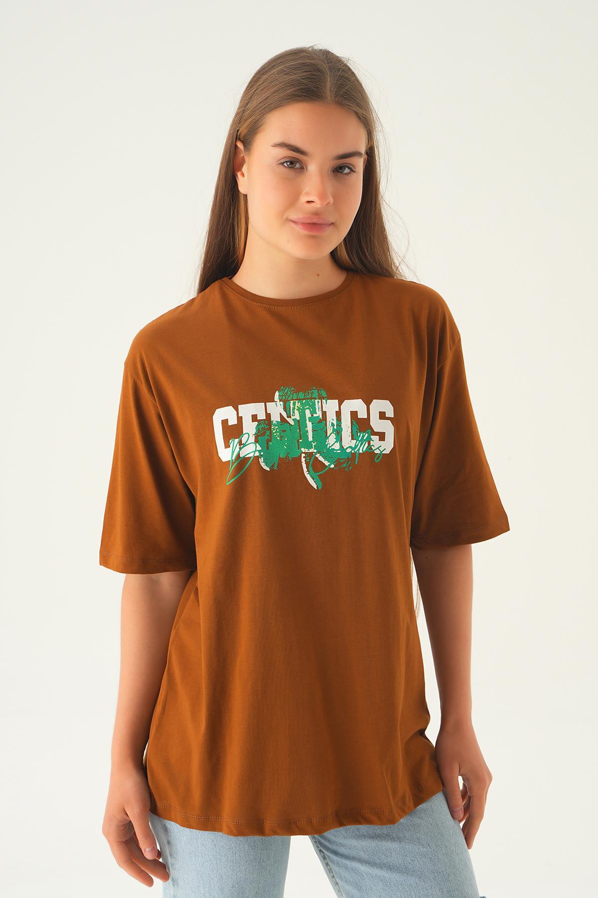 Kahve Celtıcs Baskı Oversize Tişört 1701 - 1