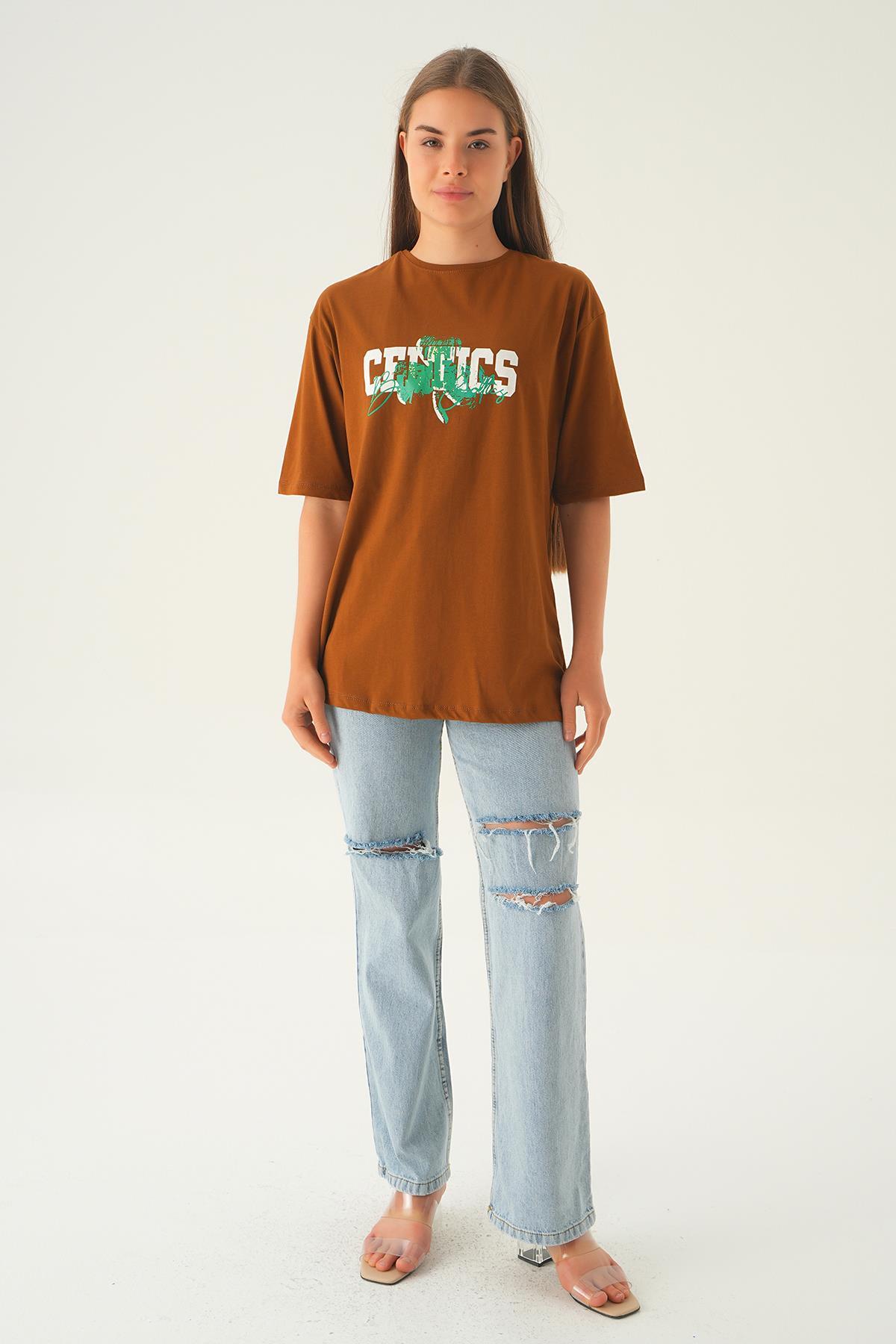 Kahve Celtıcs Baskı Oversize Tişört 1701 - 2