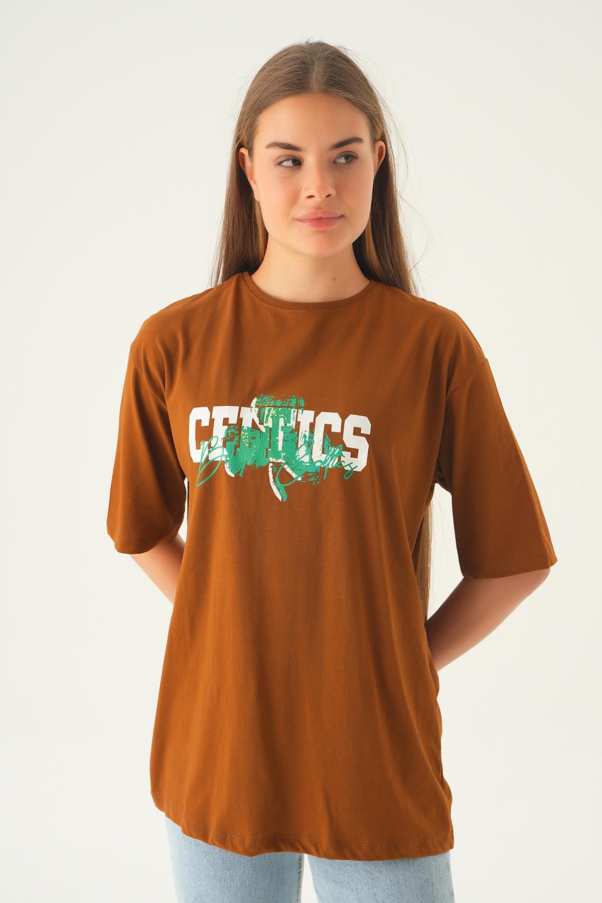 Kahve Celtıcs Baskı Oversize Tişört 1701 - 3