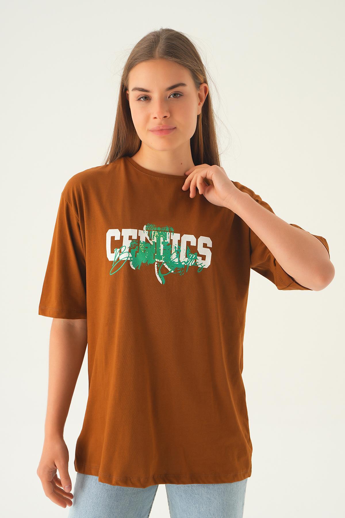 Kahve Celtıcs Baskı Oversize Tişört 1701 - 4