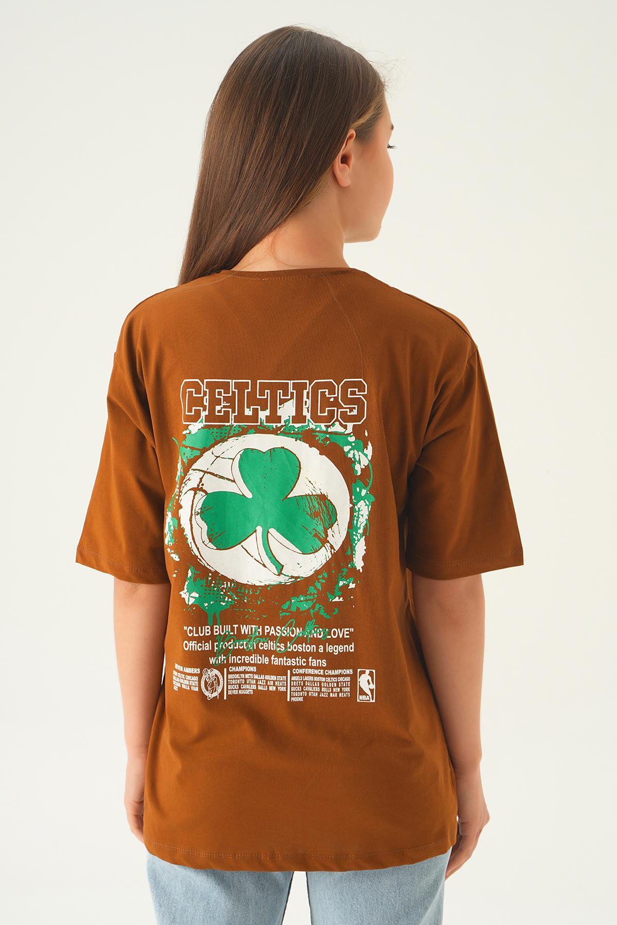Kahve Celtıcs Baskı Oversize Tişört 1701 - 5
