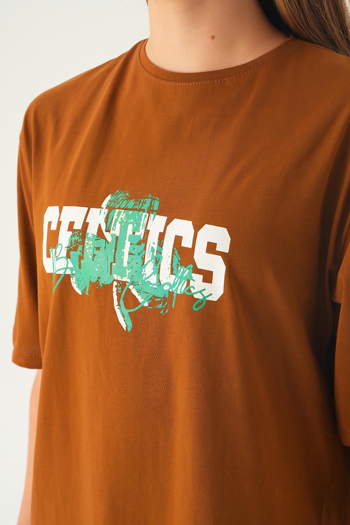 Kahve Celtıcs Baskı Oversize Tişört 1701 - 6