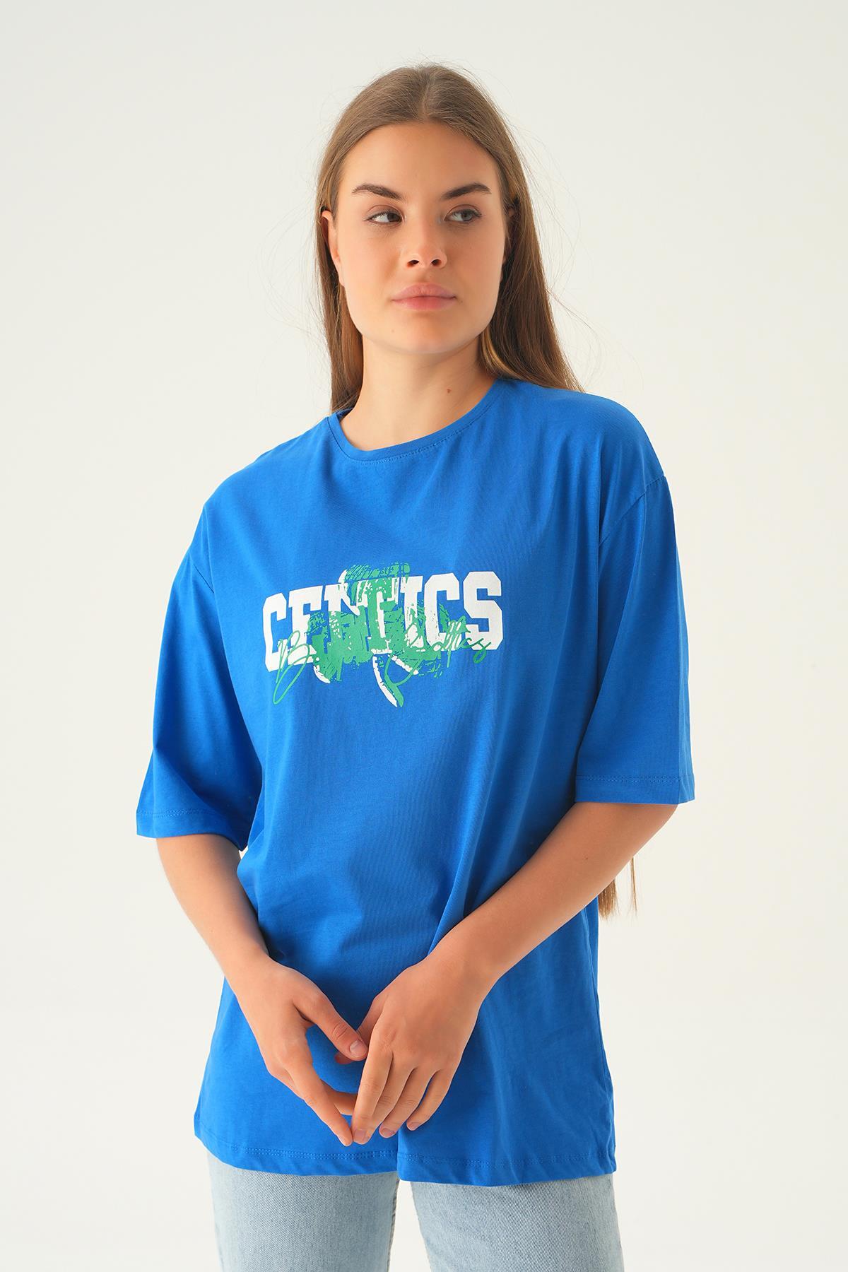 Mavi Celtıcs Baskı Oversize Tişört 1701 - 4