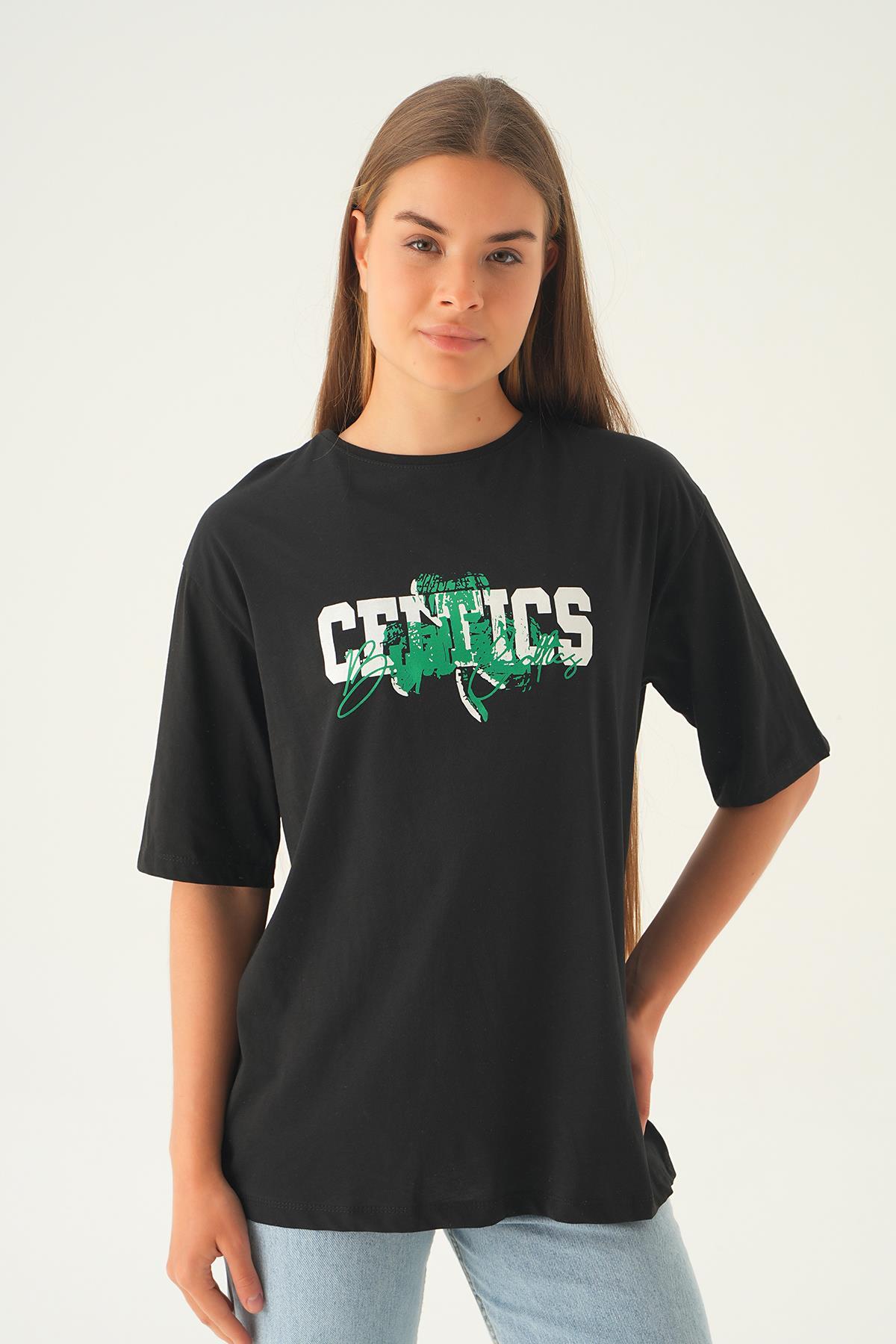 Siyah Celtıcs Baskı Oversize Tişört 1701 - 1