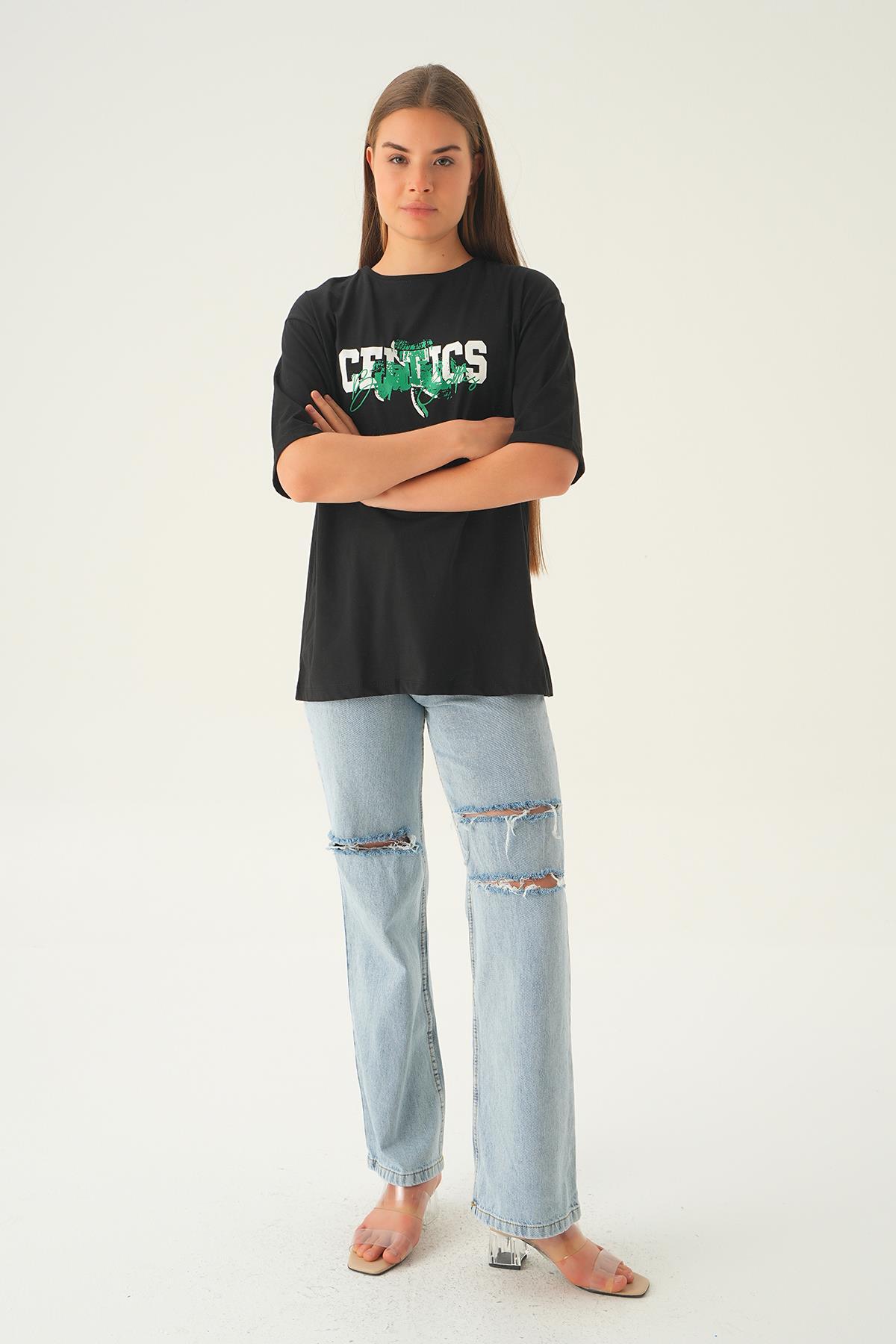 Siyah Celtıcs Baskı Oversize Tişört 1701 - 2