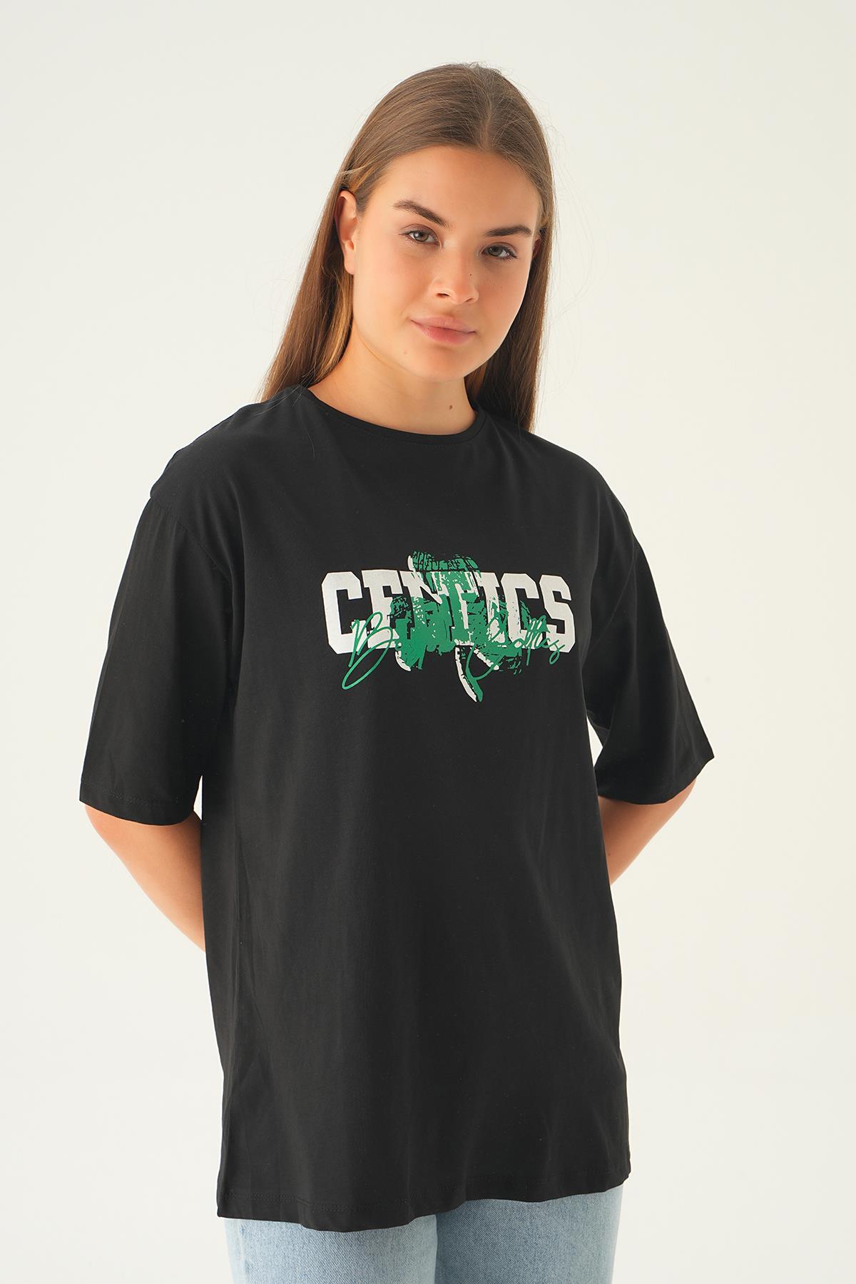 Siyah Celtıcs Baskı Oversize Tişört 1701 - 4