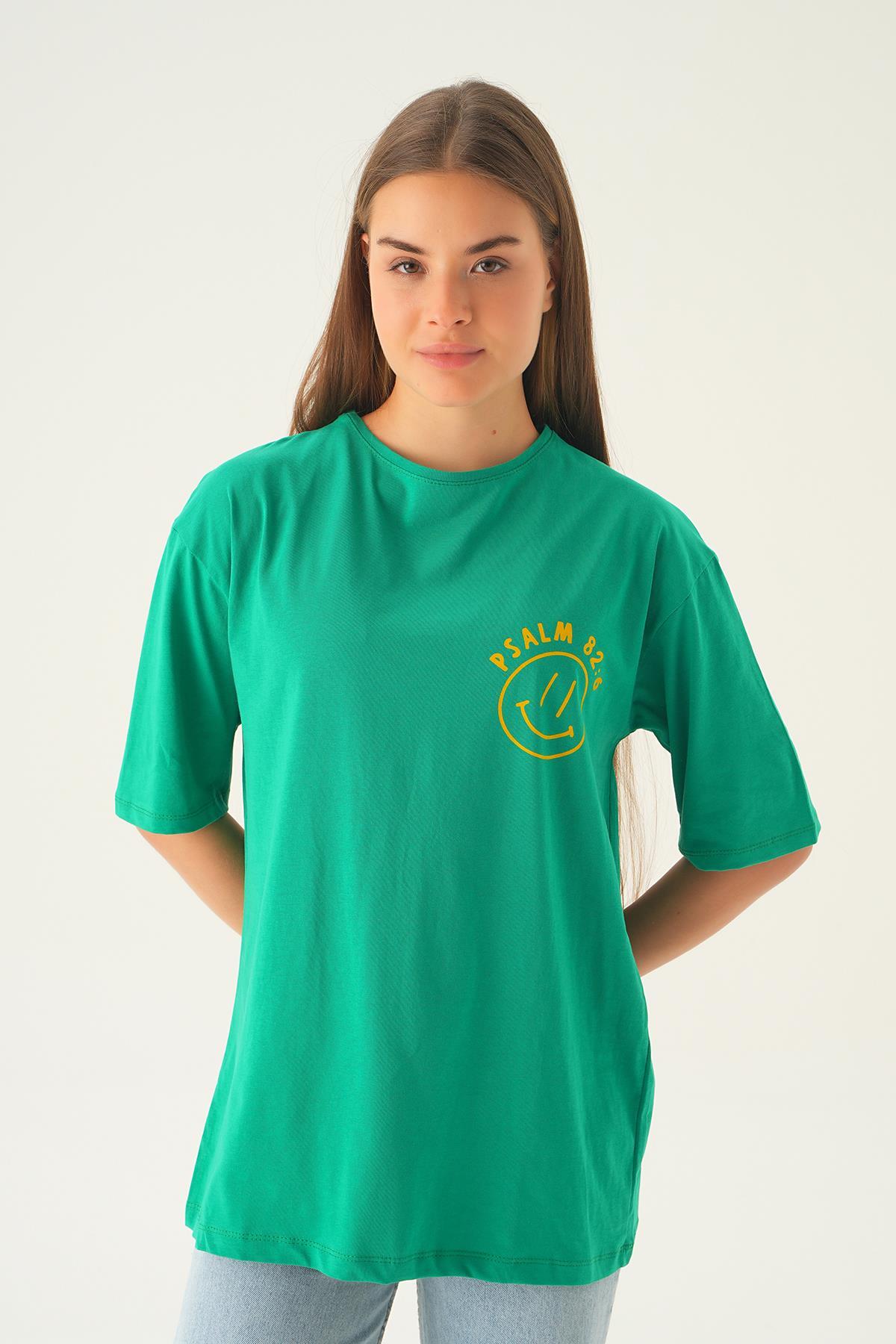 Benetton Yeşili Psalm Baskı Oversize Tişört 1702 - 3