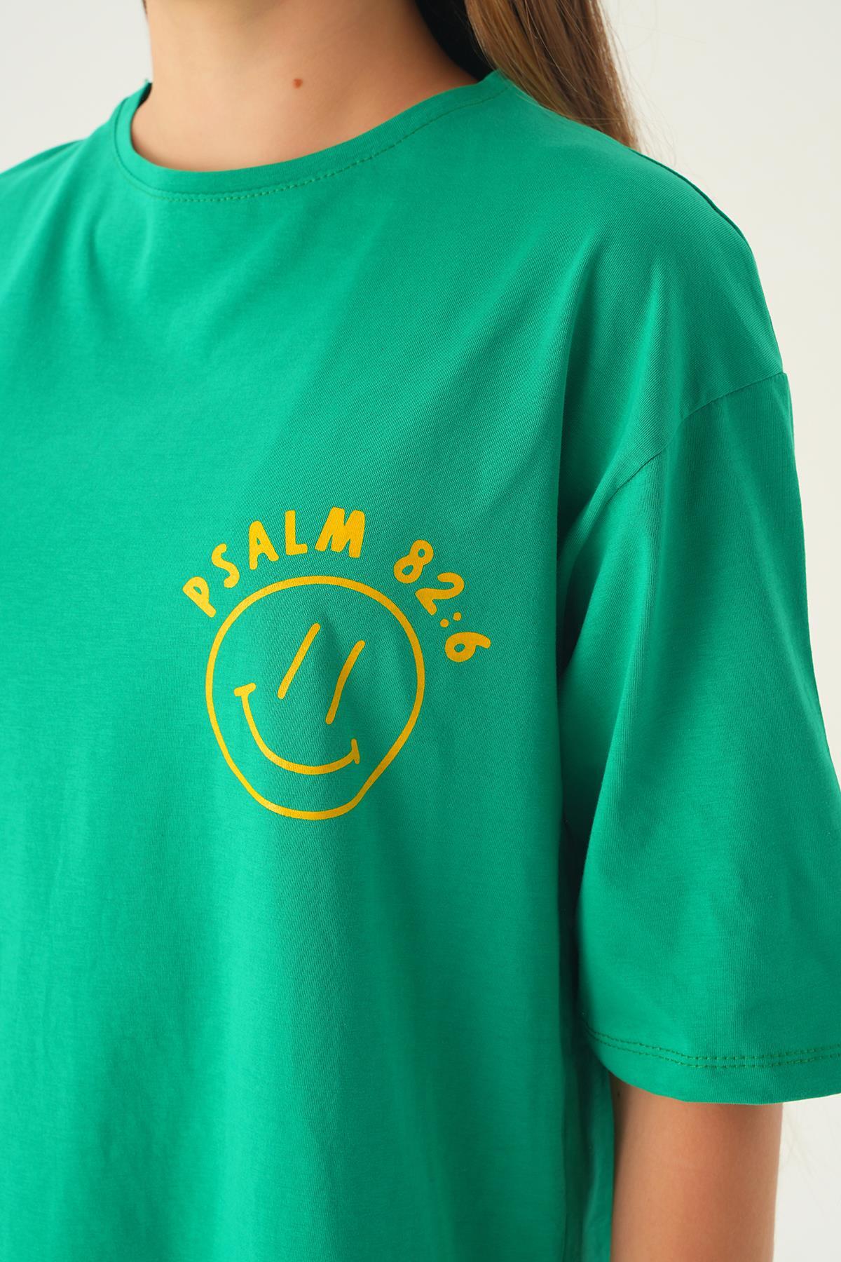 Benetton Yeşili Psalm Baskı Oversize Tişört 1702 - 4