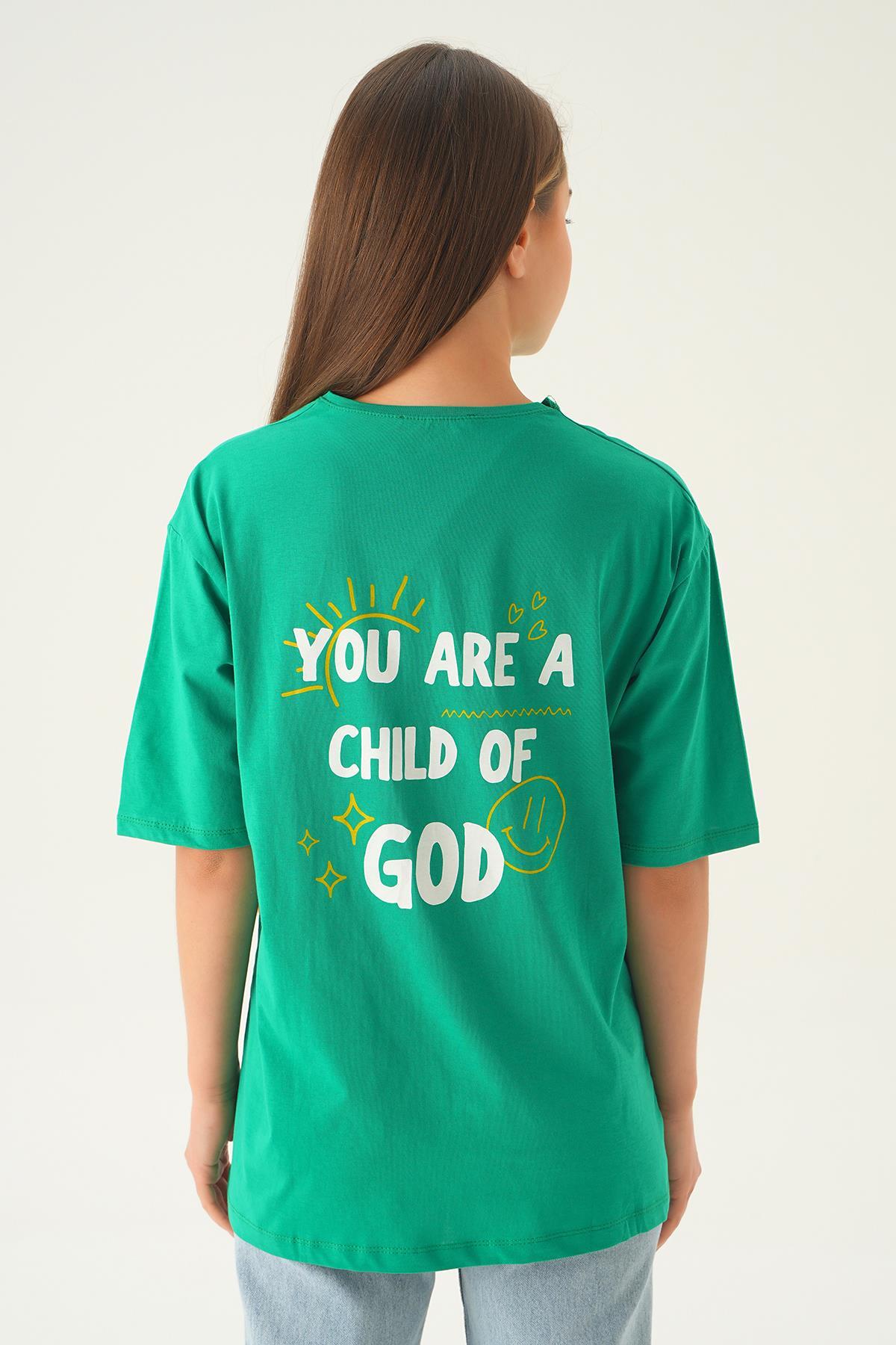 Benetton Yeşili Psalm Baskı Oversize Tişört 1702 - 5