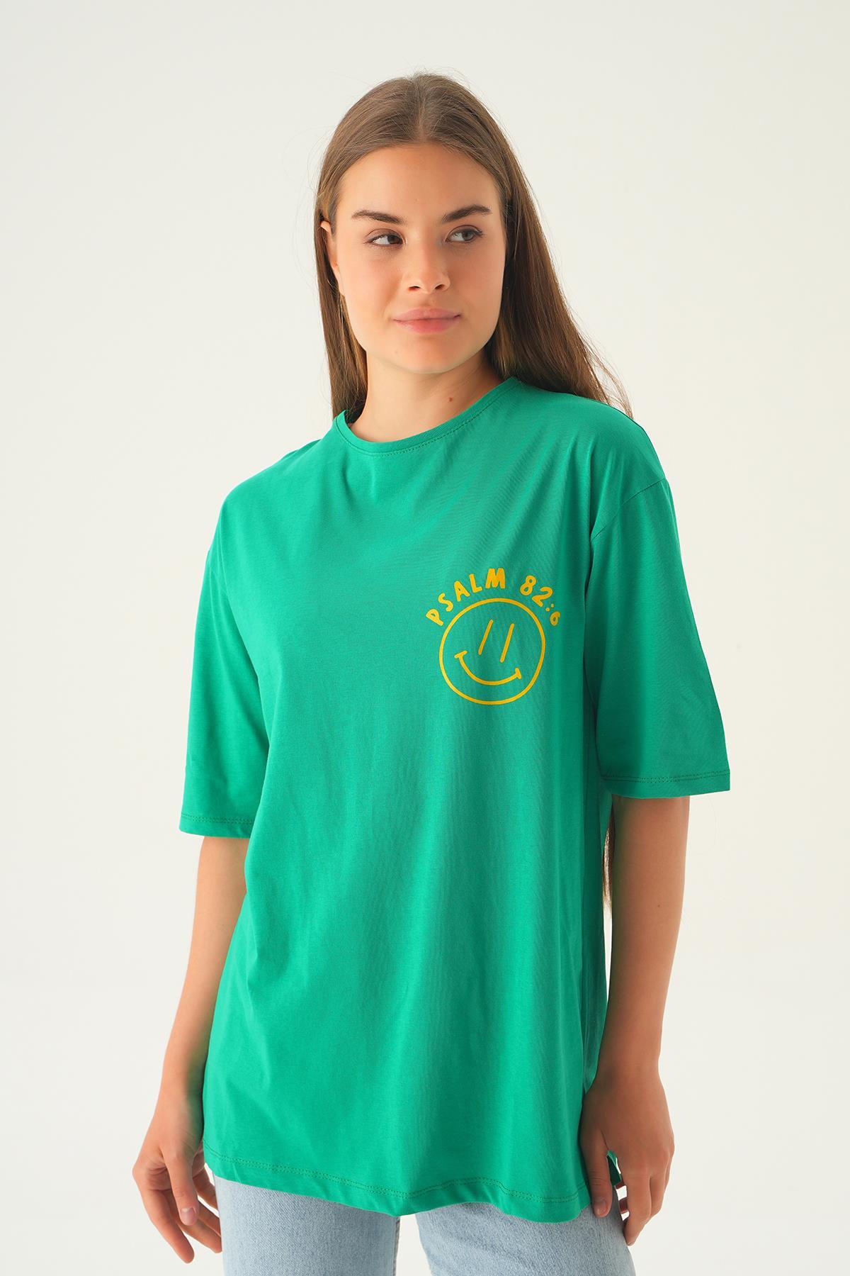 Benetton Yeşili Psalm Baskı Oversize Tişört 1702 - 6