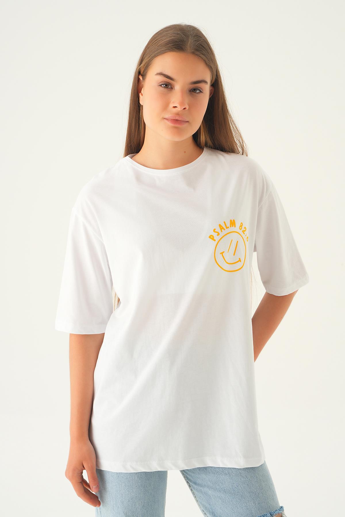 Beyaz Psalm Baskı Oversize Tişört 1702 - 1