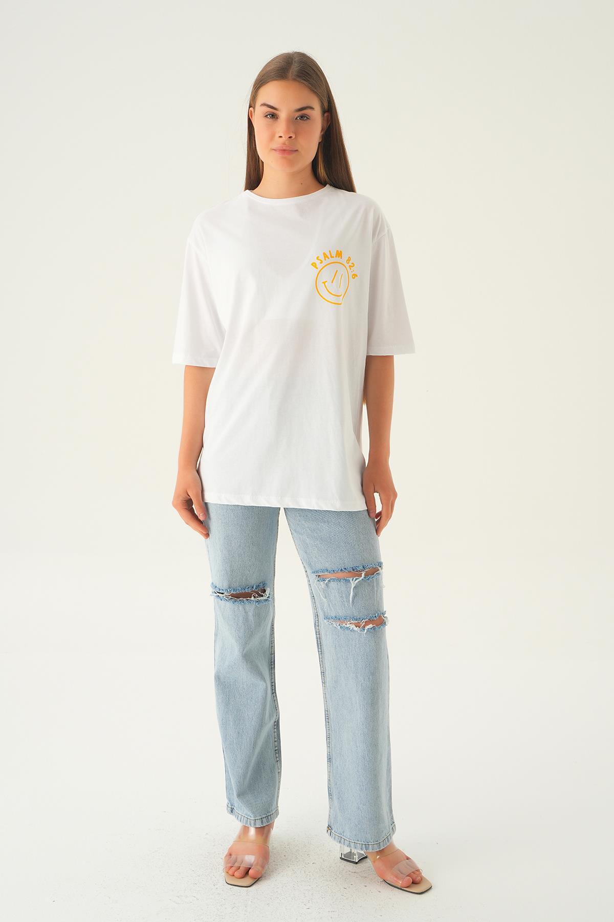 Beyaz Psalm Baskı Oversize Tişört 1702 - 2