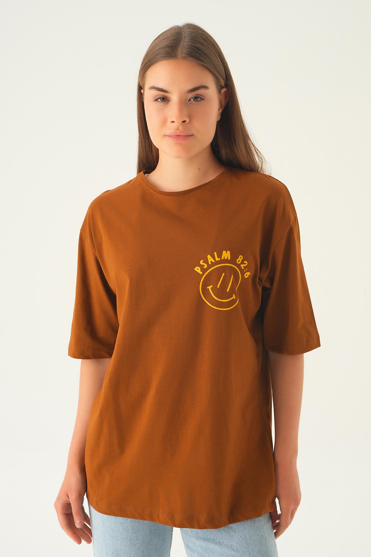 Kahve Psalm Baskı Oversize Tişört 1702 - 1