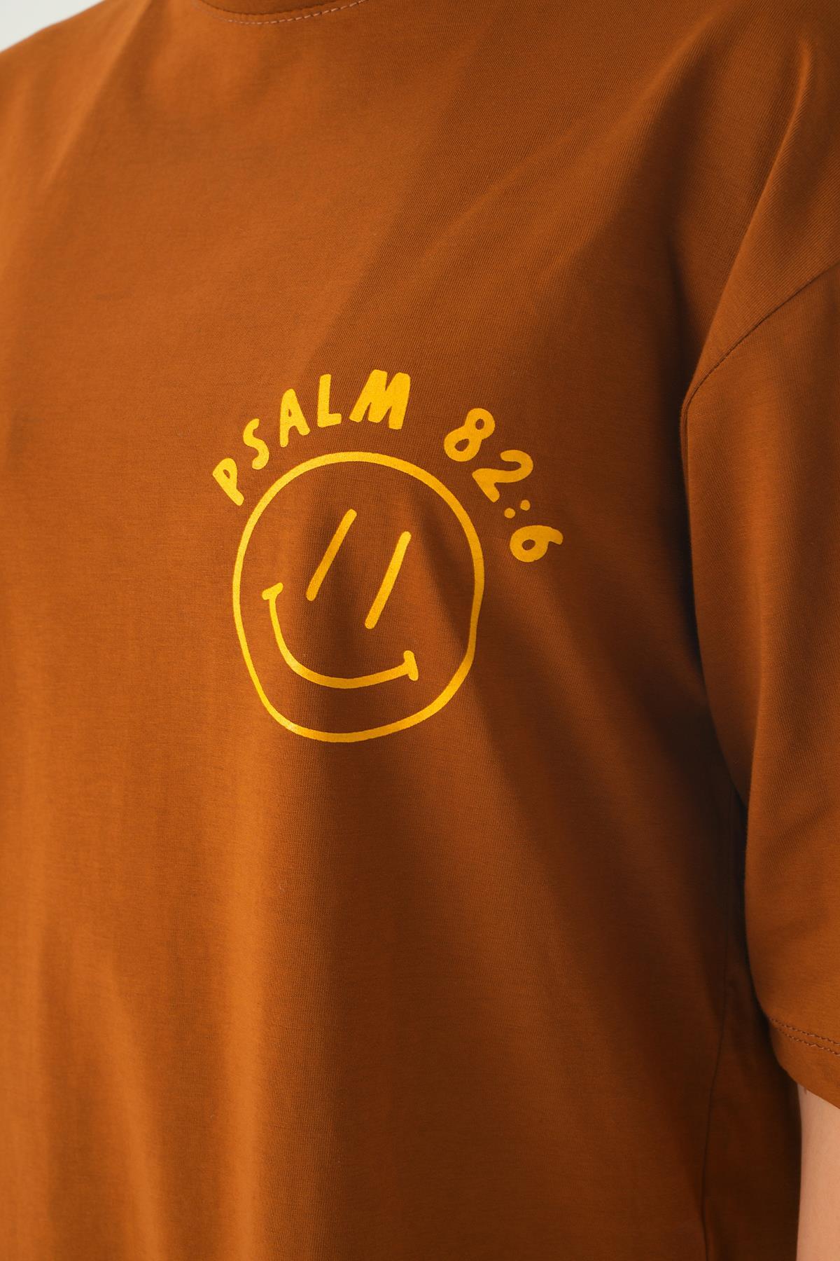 Kahve Psalm Baskı Oversize Tişört 1702 - 4