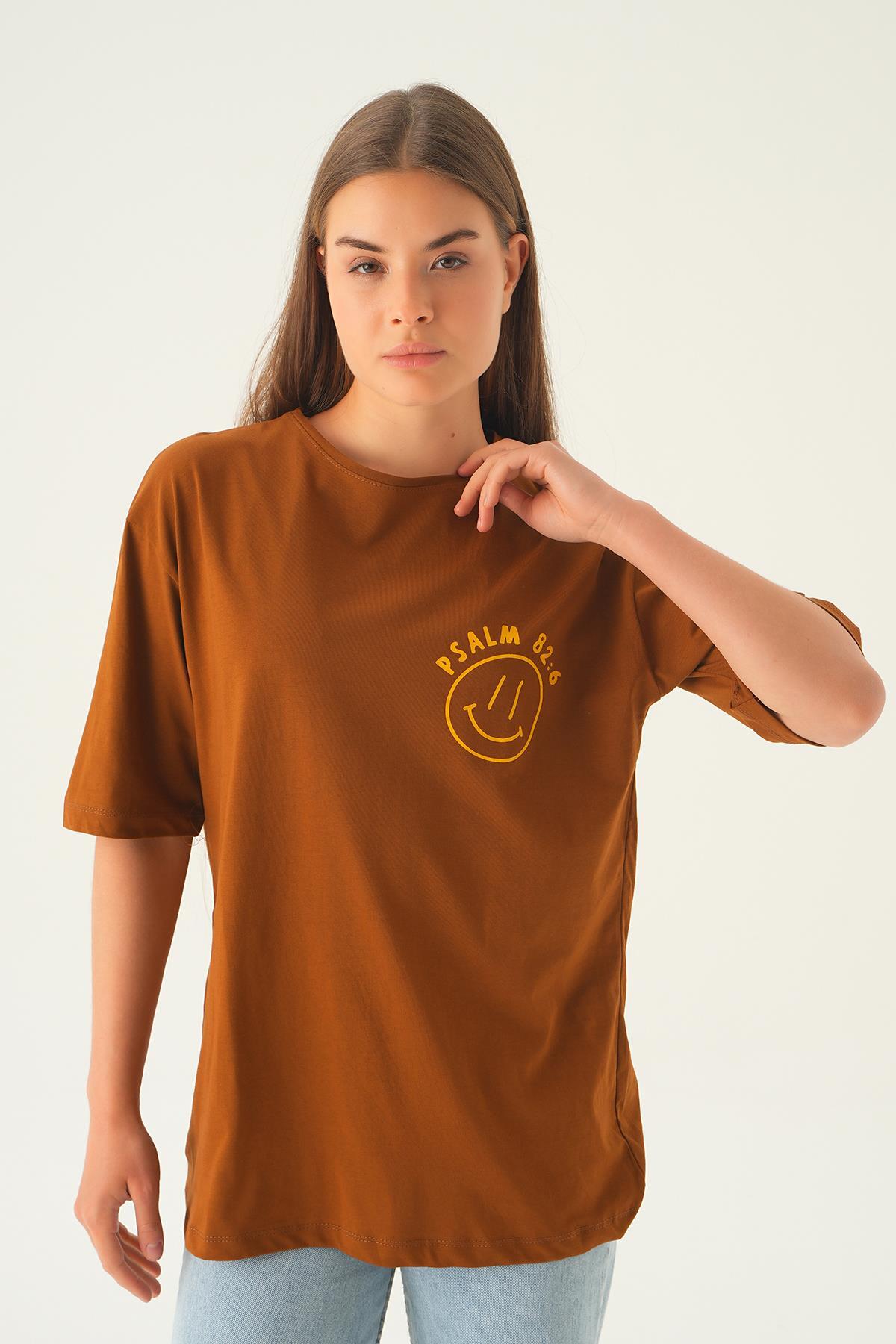Kahve Psalm Baskı Oversize Tişört 1702 - 6