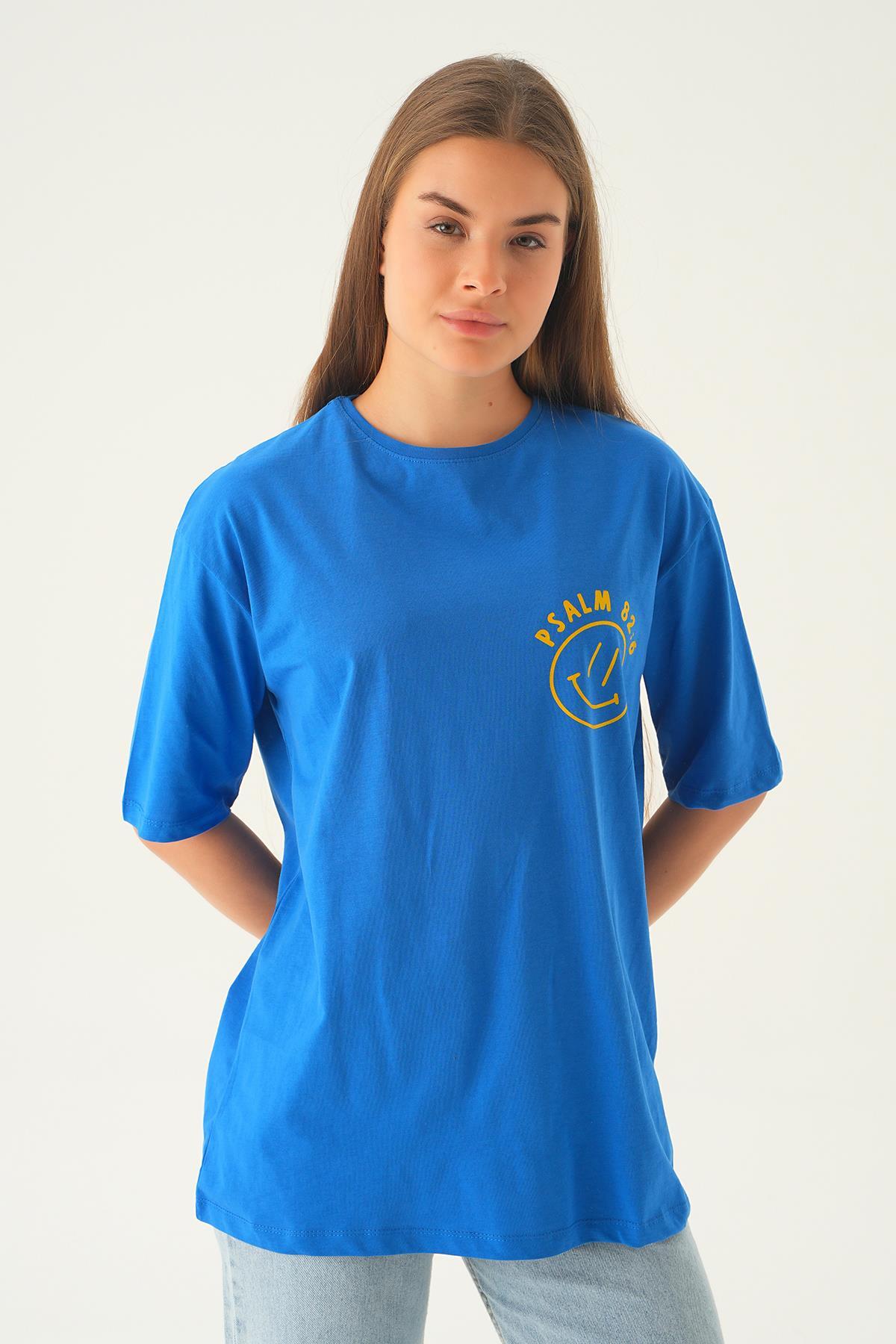 1702 Psalm Baskı Oversize Tshırt Mavi 