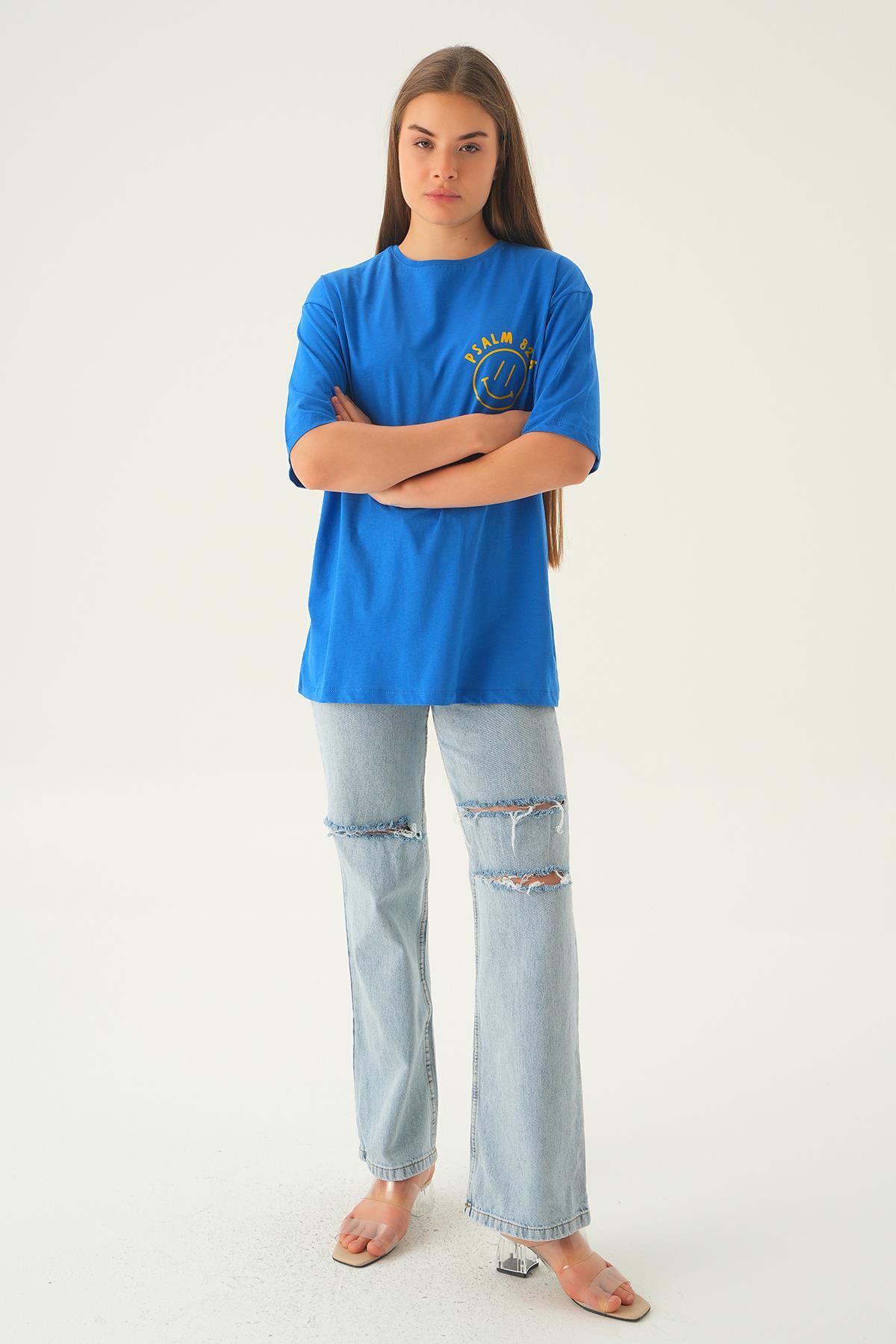 Mavi Psalm Baskı Oversize Tişört 1702 - 2