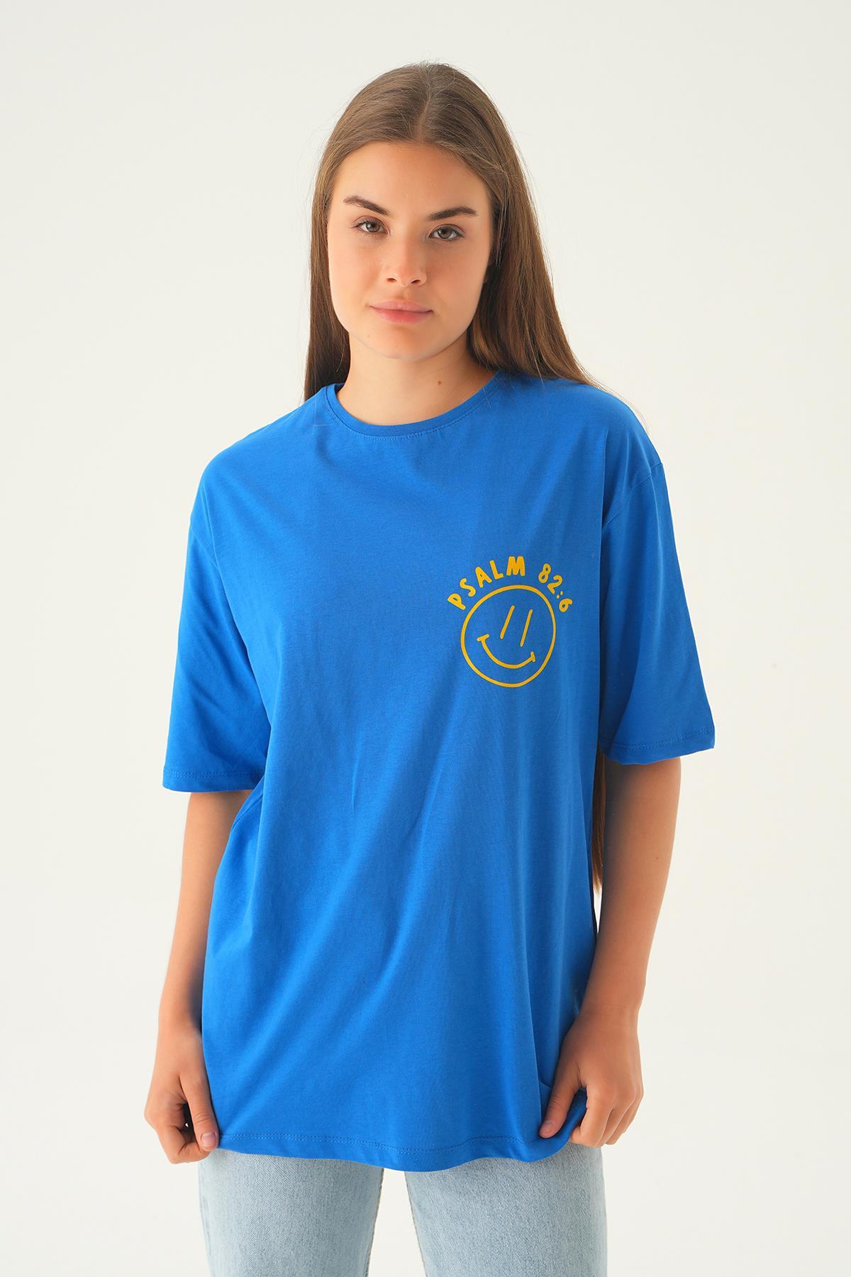 Mavi Psalm Baskı Oversize Tişört 1702 - 3