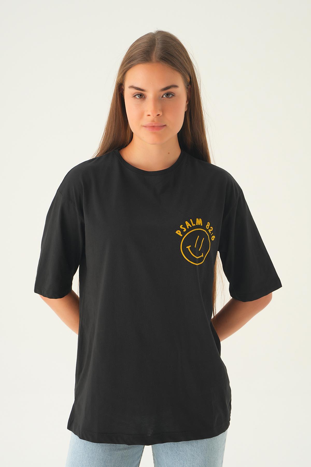 1702 Psalm Baskı Oversize Tshırt Siyah 