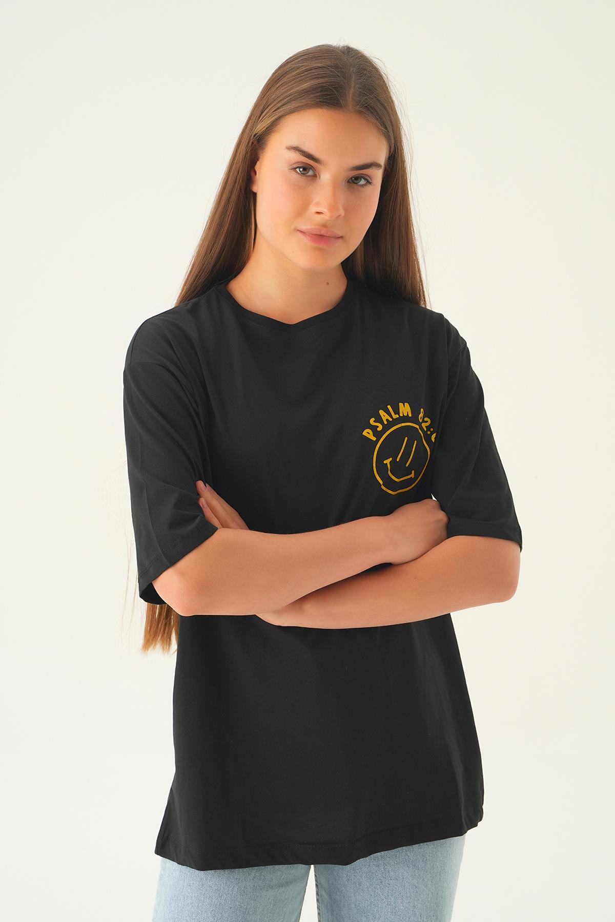 1702 Psalm Baskı Oversize Tshırt Siyah - 6
