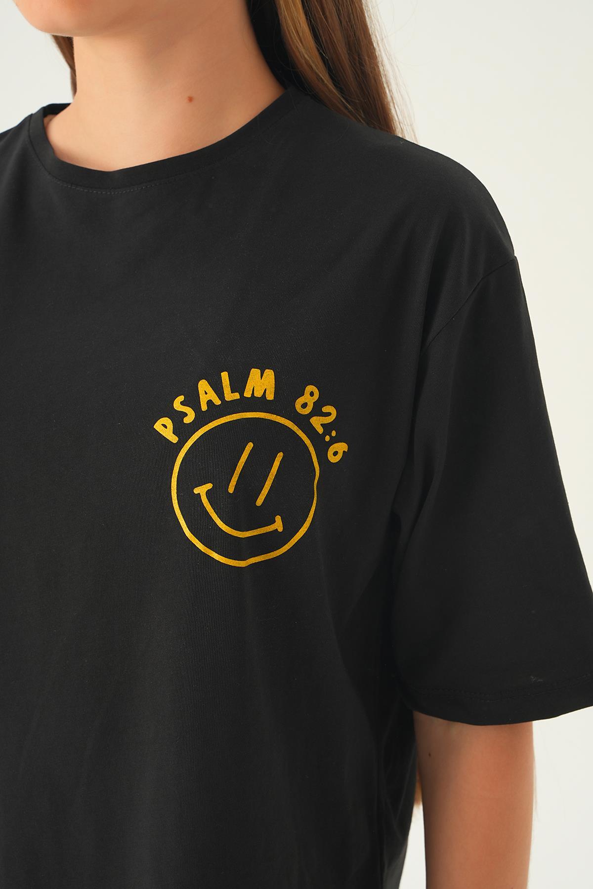 Siyah Psalm Baskı Oversize Tişört 1702 - 3