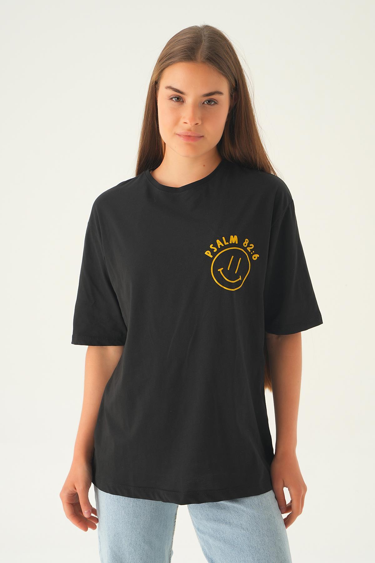 Siyah Psalm Baskı Oversize Tişört 1702 - 5