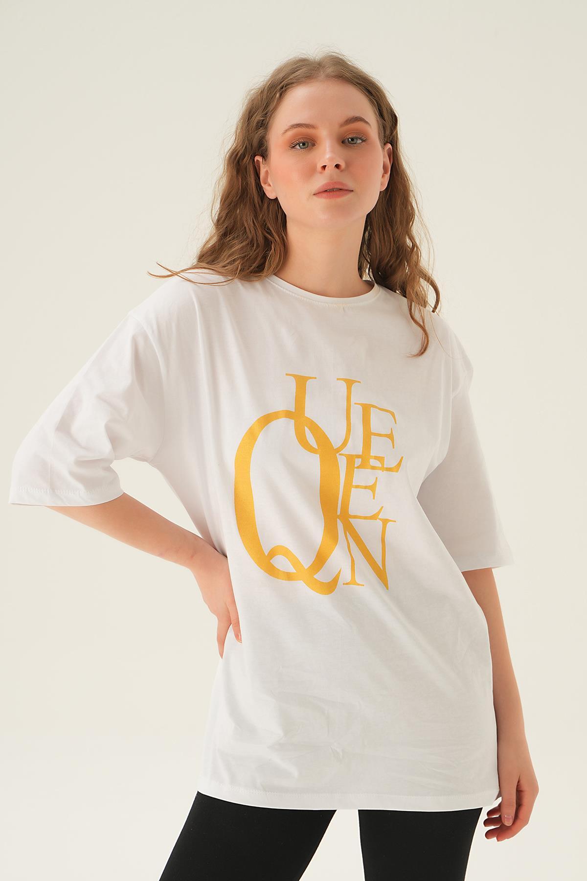 1703 Queen Baskı Oversize Tişört Beyaz 