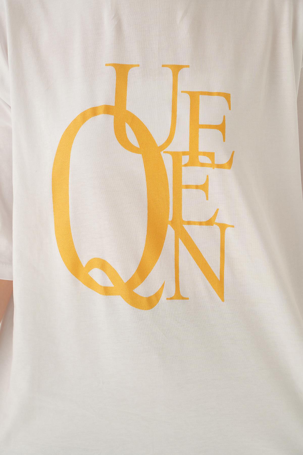 1703 Queen Baskı Oversize Tişört Beyaz - 5