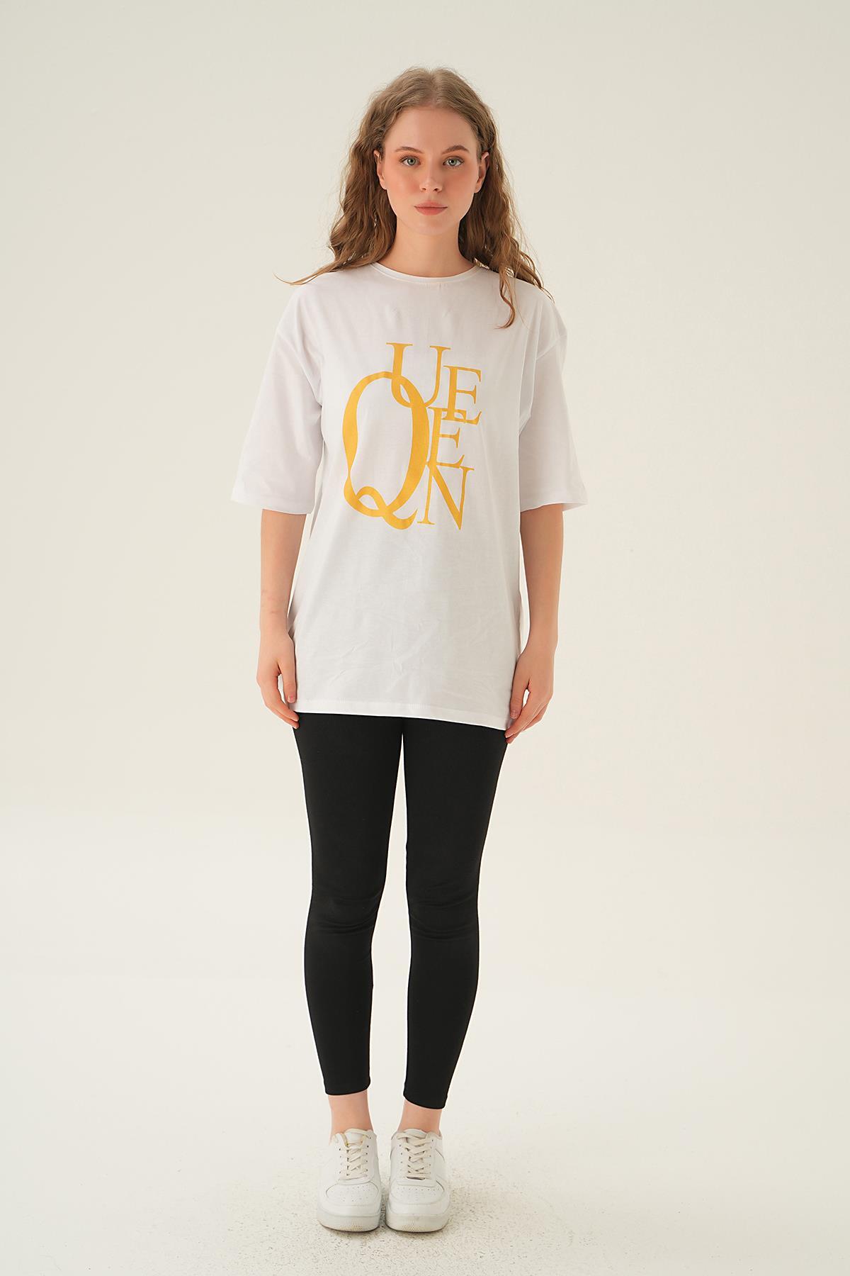 1703 Queen Baskı Oversize Tişört Beyaz - 6
