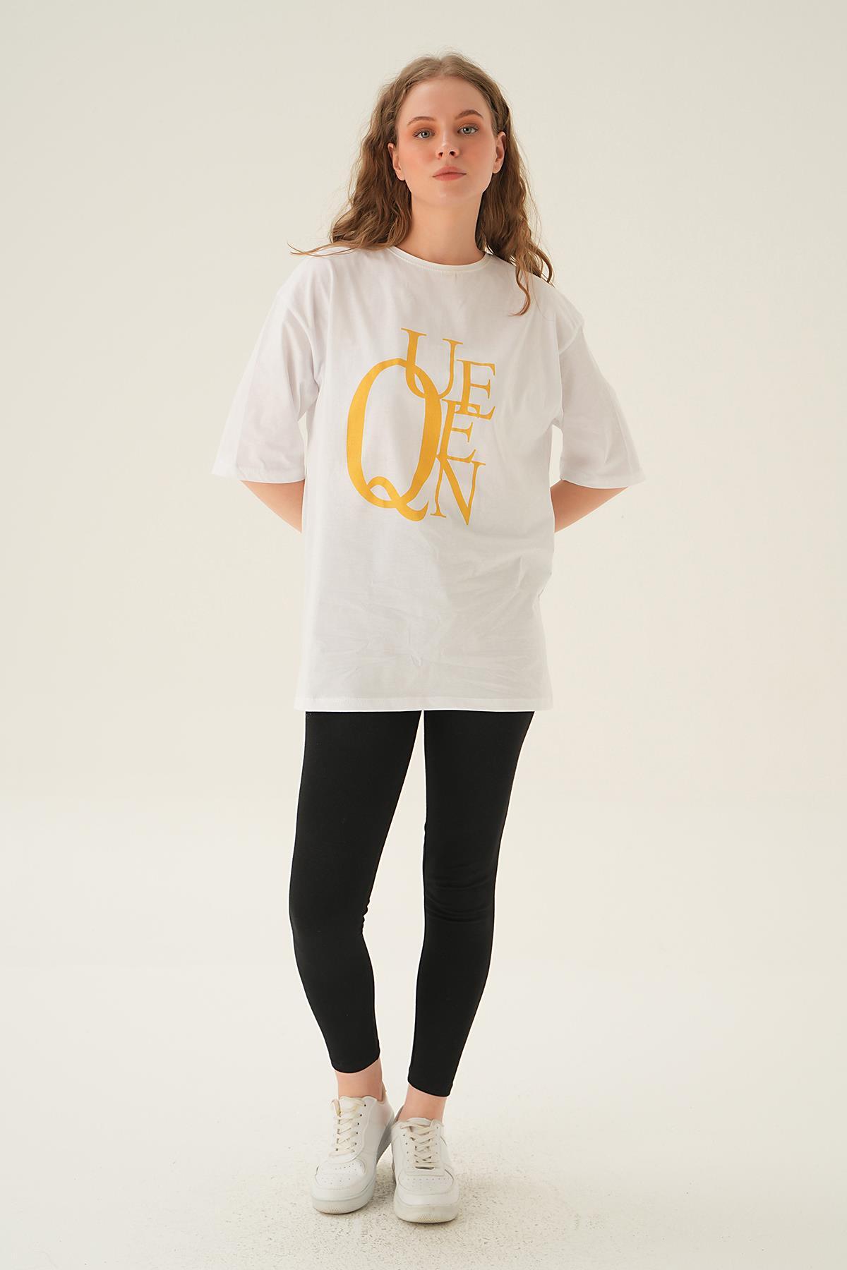 Beyaz Queen Baskı Oversize Tişört 1703 - 2