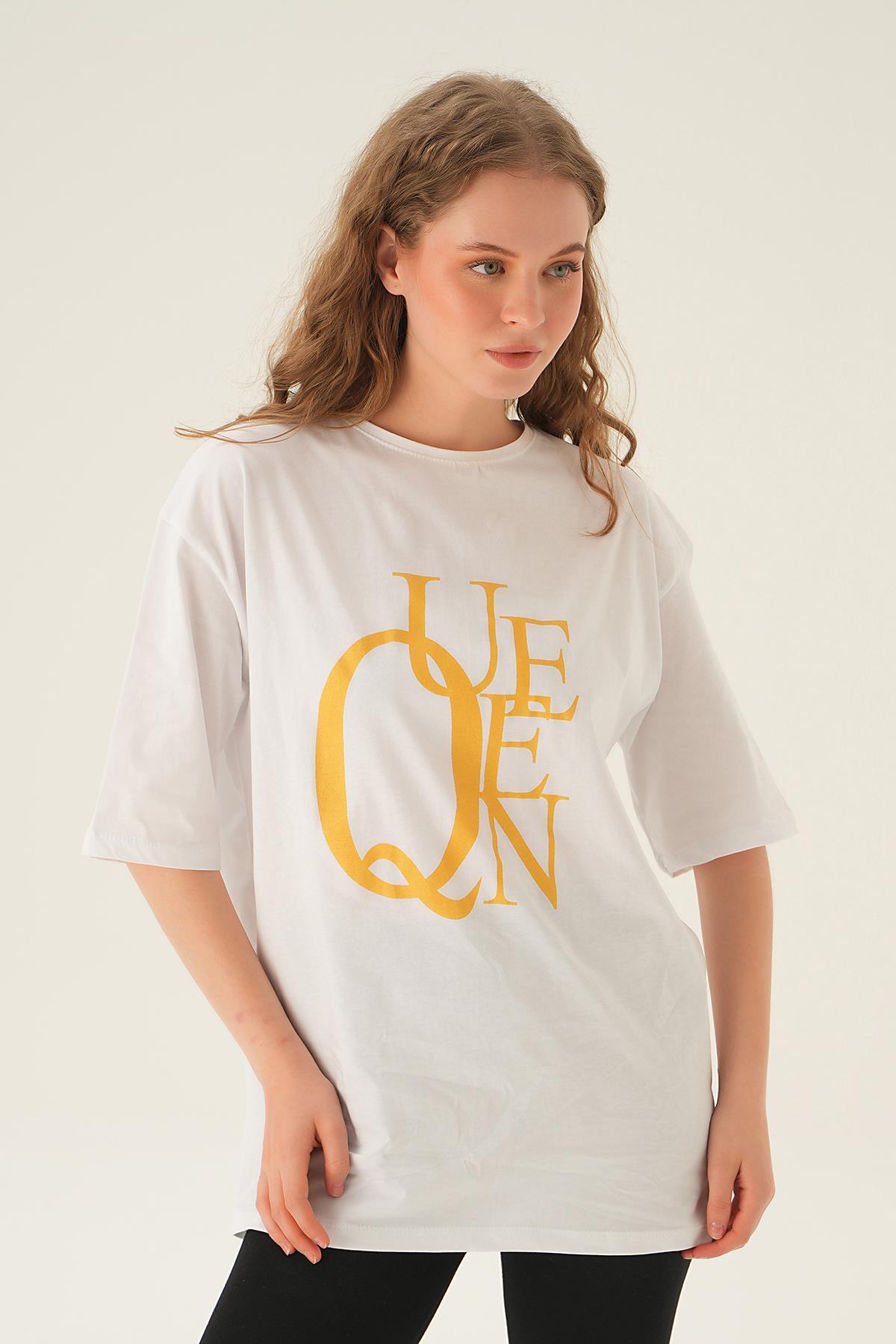 Beyaz Queen Baskı Oversize Tişört 1703 - 3