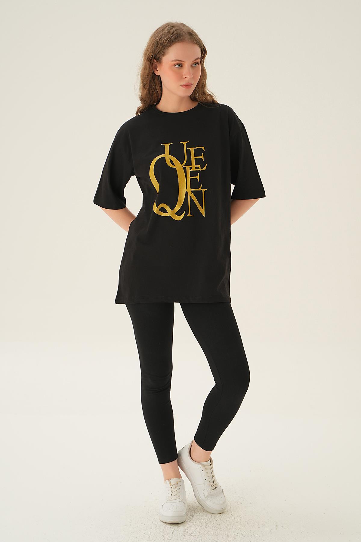 1703 Queen Baskı Oversize Tişört Siyah - 2
