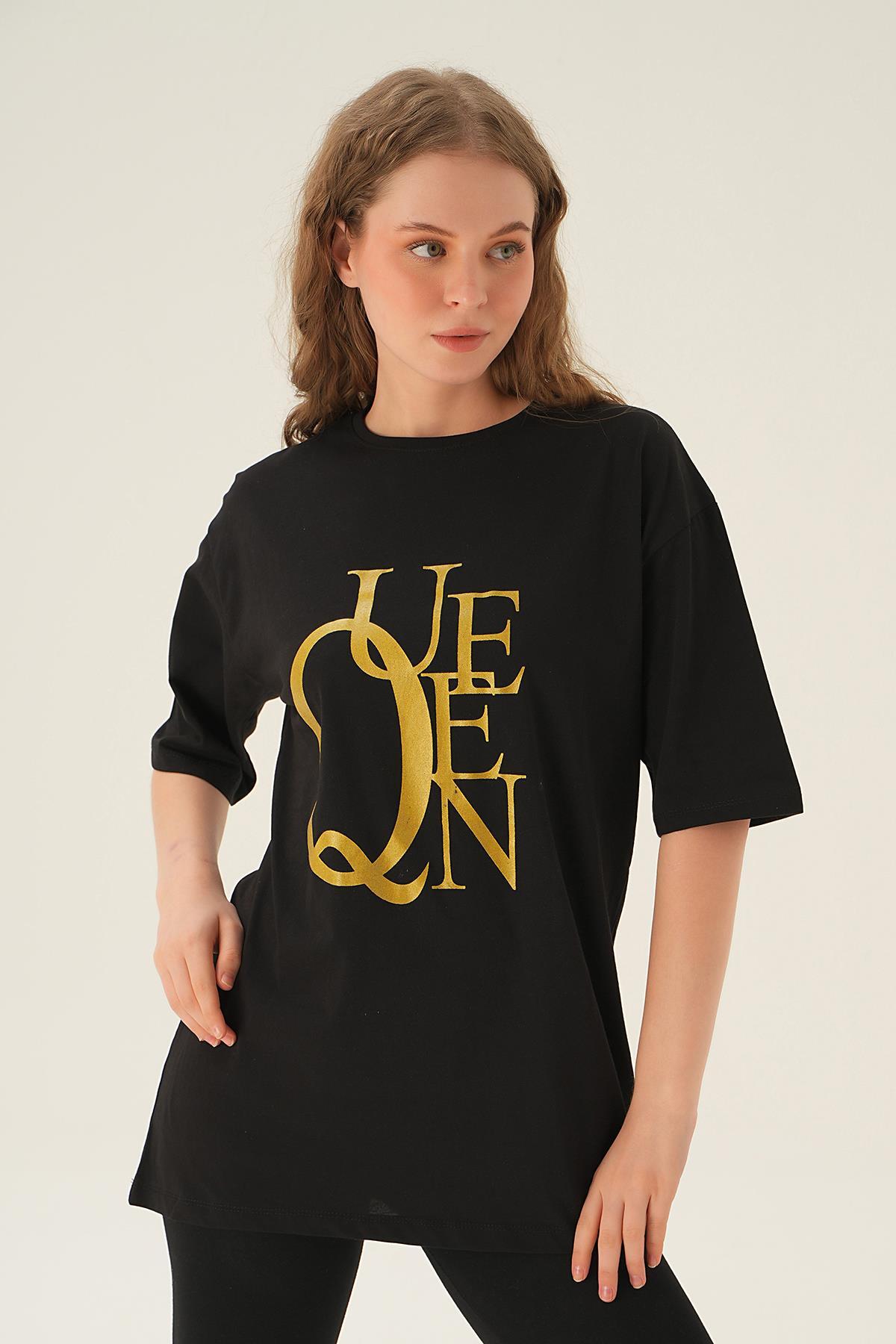 1703 Queen Baskı Oversize Tişört Siyah - 3